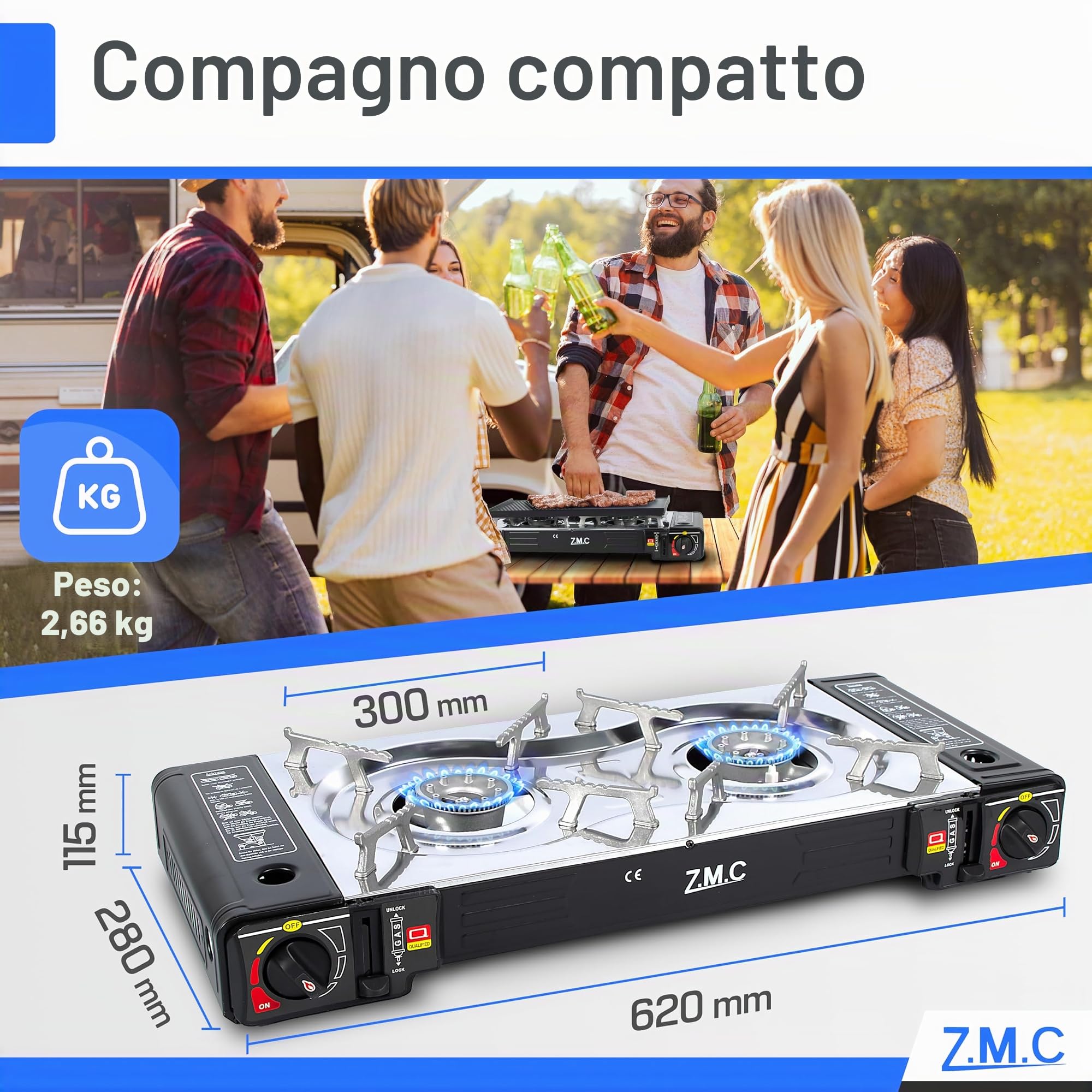 ZMC Fornello a Gas da Campeggio con 2 Faretti, Adattatore GPL, Valigetta di Stoccaggio e Ferro - Compatibile con Cartucce da 227 g