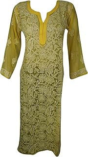 Mogul Interior Women Long Tunic Dress Yellow Embroidered Sheer Georgette Bikini Cover Up S