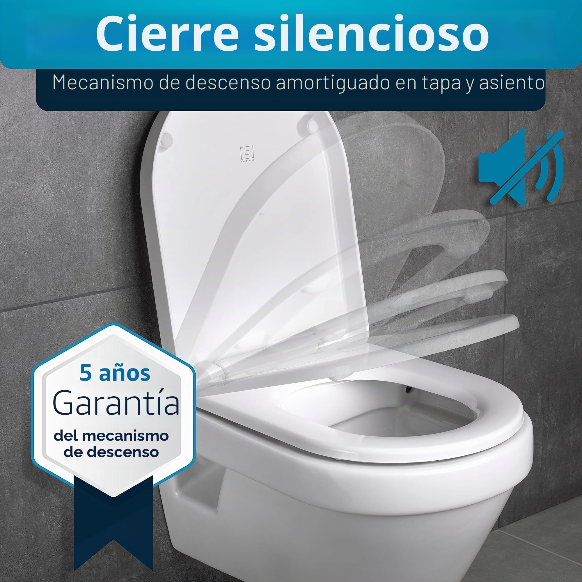 Benkstein® Tapa de inodoro con descenso automático en forma de D, color blanco, antibacteriano, liberación rápida para facilitar la limpieza, fácil montaje, duroplast de urea, extraíble, soporta hasta
