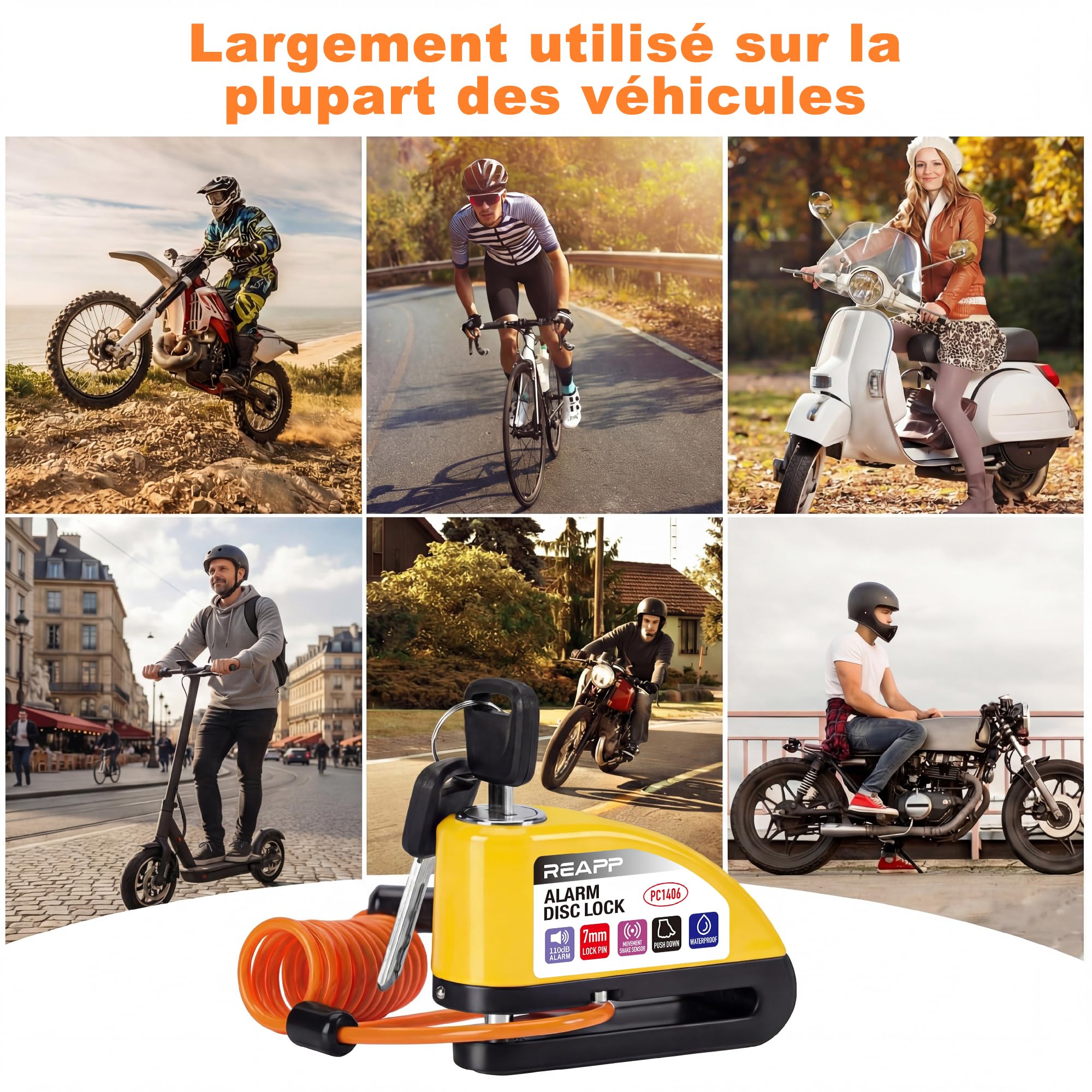 REAPP Antivol Moto Renforcé, Bloque Disque Alarme 110dB, Piles de rechange | Antivol Essentiel, Étanche, Bloc Disque Haute Sécurité, Câble de Rappel 1,5 m et Sac, Compatible Moto/Vélo/Scooter à disque