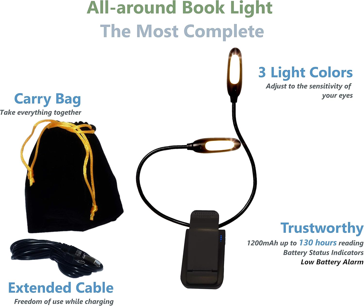 Book Light - 3 Colors x 3 Levels x 2 Heads - Portable Clip On LED Lamp for Reading in Bed - Rechargeable 1200mAh Battery - Warm, Natural and White - Music Stand Light…