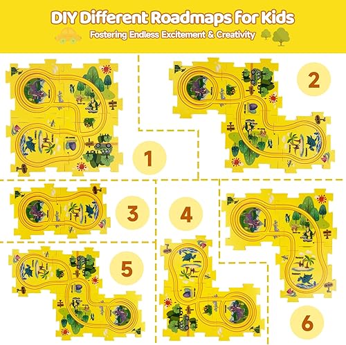 Miniatura 3 de Eydutoi Juego de 5 pistas de autos para niños, pistas de carreras para niños de 3 a 5 años con vehículos, rompecabezas de tren de dinosaurio para