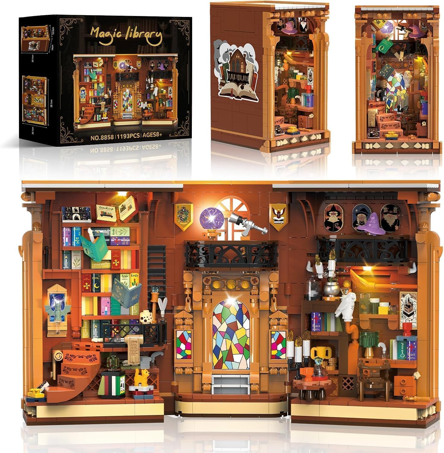Book Nook DIY Biblioteka Magiczna z LED, 1193 Elementy, Podpórka do Książek i Wkładka do Regału, Miniaturowa Biblioteka/Domek Dekoracyjny, Prezent dla Dorosłych i Dzieci 10+