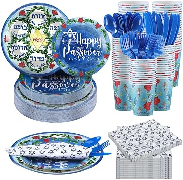 FillTouch 168 Pcs Passover Party Goods Supplies for 24 Guests, Include Paper Plates Cups Napkins Plastic Knives Forks Spoons Seder Tableware Set for Passover Family PartyClassic