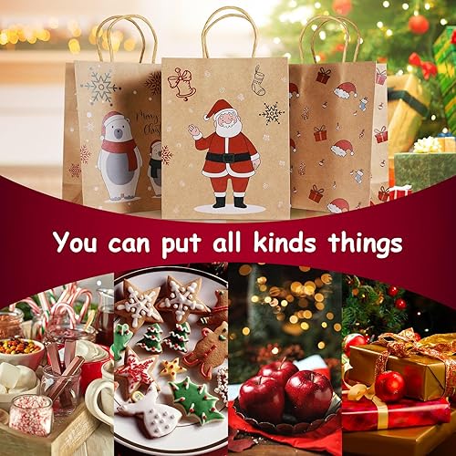 Miniatura 4 de Bolsas reutilizables de regalo de Navidad, 24 bolsas de papel para regalo con asas e impresiones navideñas, 7 x 3.5 x 9 pulgadas