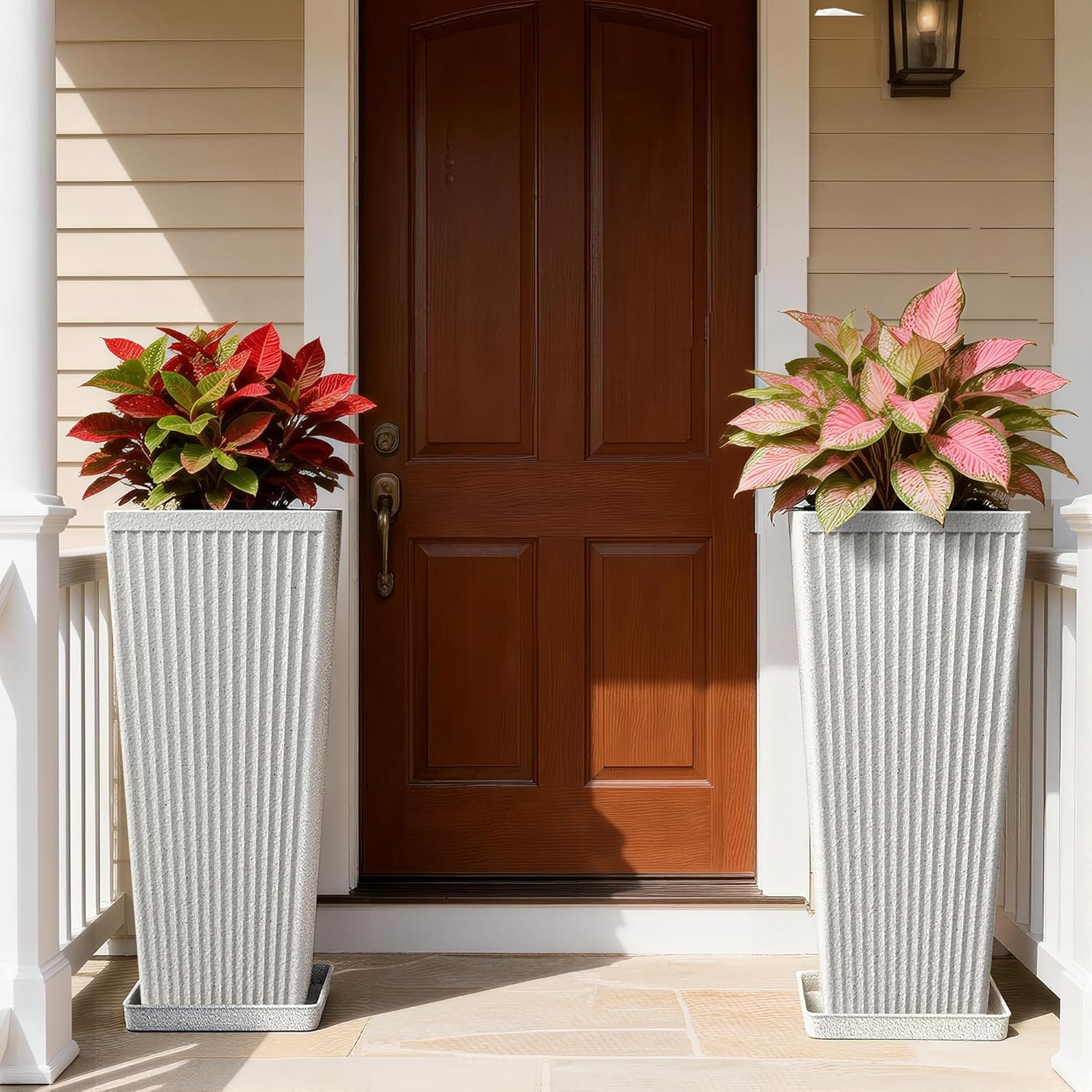 Tapered Tall Planters for Outdoor Plants 2 Pack- 23.6 Inch Heavy-Duty Classic Square Indoor Flower Pots with Drainage Holes/Partition/Tray, Large Outdoor Planters for Porch Patio, White