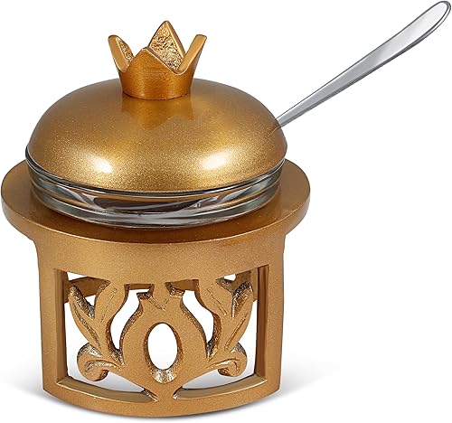 Elegante tarro de miel Rosh Hashanah con cuchara decorado con un diseño de granada dorado satinado y plato de miel de vidrio para Año Nuevo judío