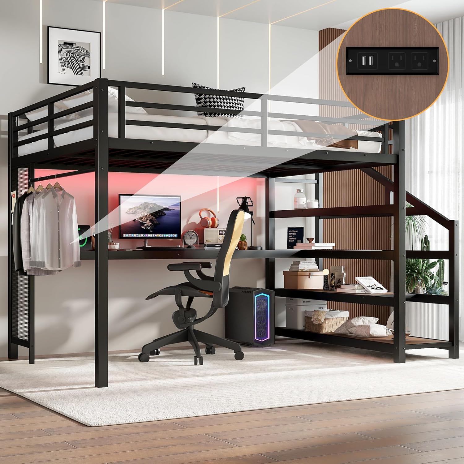 Bellemave Metal Queen Size Loft Bed with Desk and Storage Stairs,Heavy Duty Loft Bed Frame Queen Size with LED Lights and Charging Station for Kids,Teens,Adults,Black
