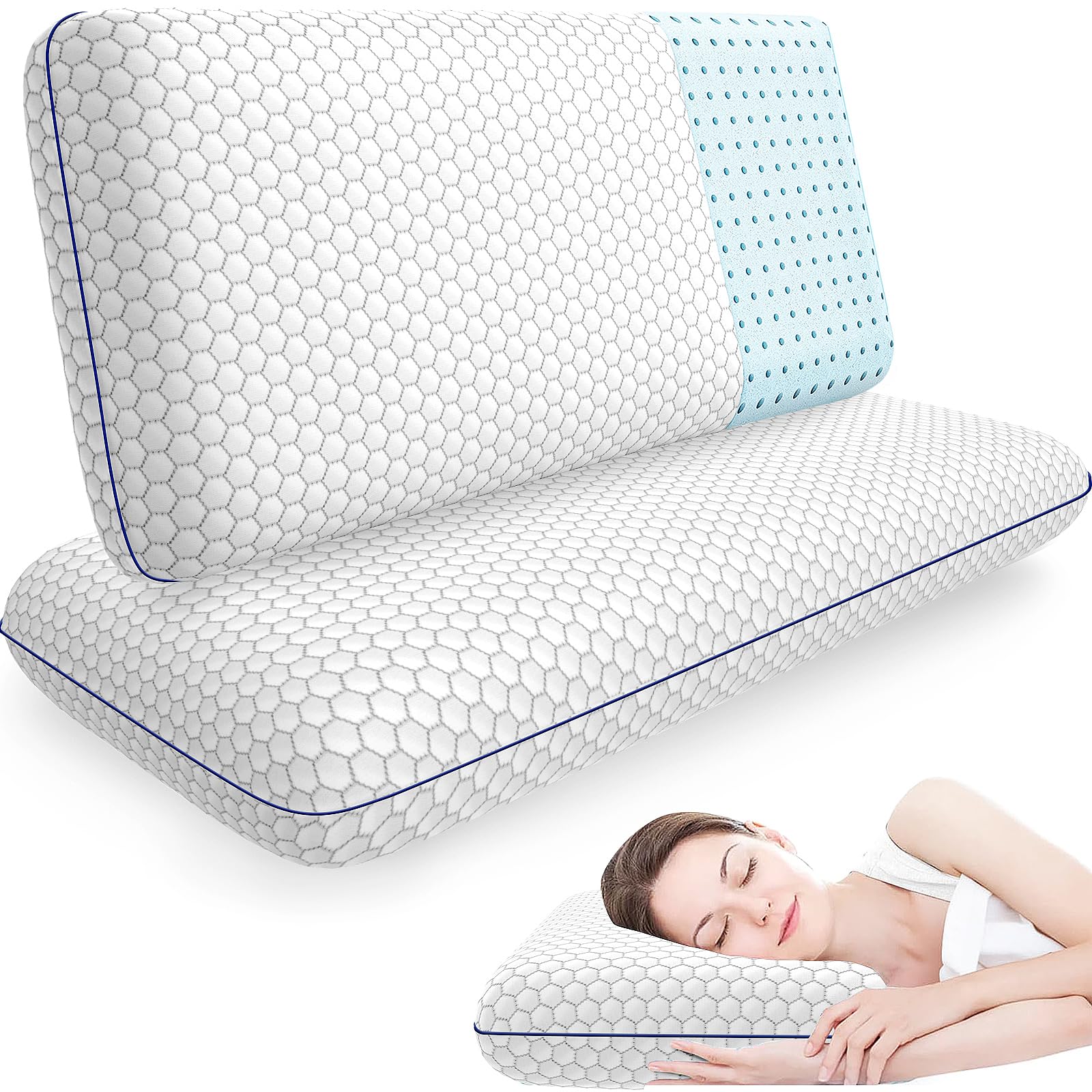 CushyOasis Memory Foam Pillows for Side Back and Stomach Sleepers Set of 2 Bed Pillow with Washable Cover