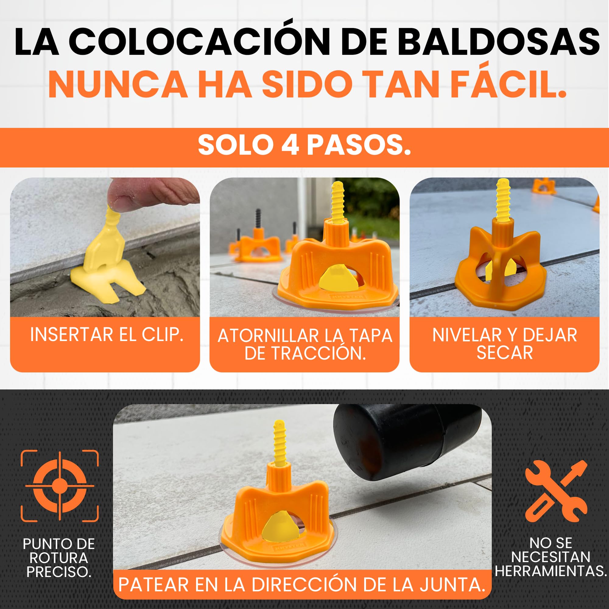 Kit de crucetas autonivelantes de 5 mm – Starter Pack - 302 Unidades | 100 Clips + 100 cuadrantes + 100 Protecciones + mazo + Nivel de Burbuja Incluido | Colocación fácil y precisa
