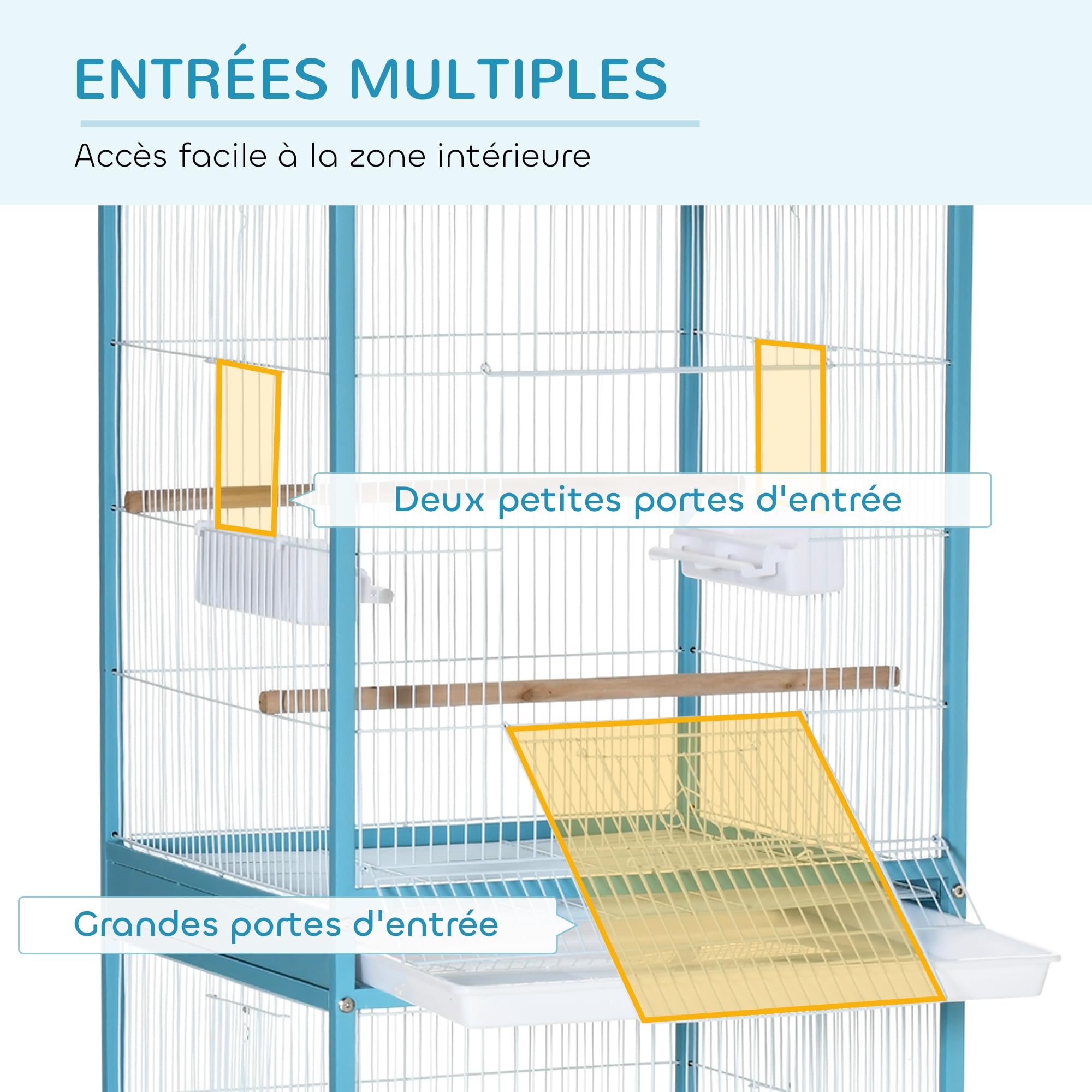 PawHut Grande Cage à Oiseaux sur Pied Volière Double avec Mangeoires Perchoirs Plateau Amovible Roulettes 51,5 x 50 x 140 cm Bleu Clair