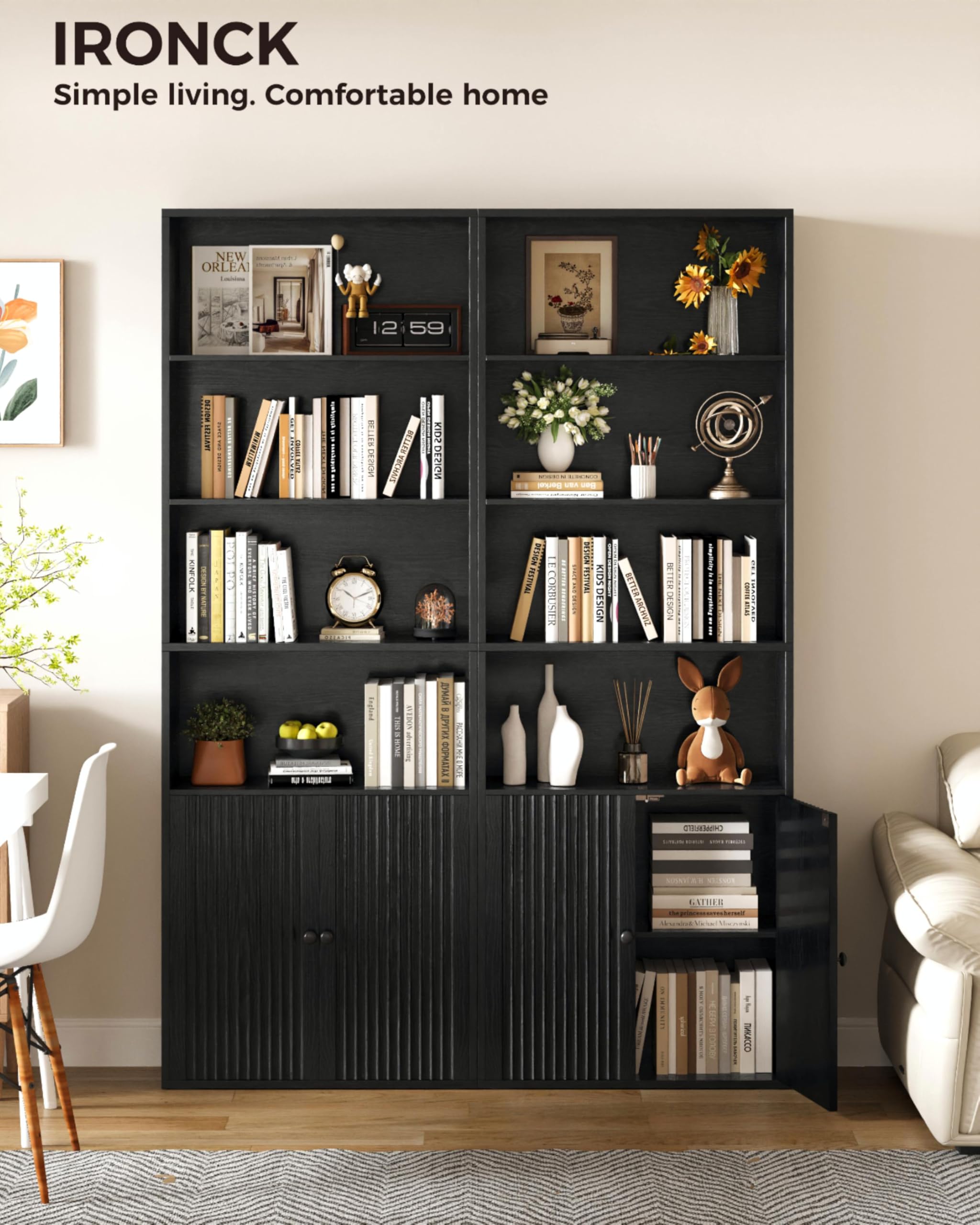 IRONCK Bücherregal mit Türen, Standregal mit 6 Ebenen, Holz Regal mit Türen, Bücherschrank, offenes Aufbewahrungsregal für Arbeitszimmer, Büro, Wohnzimmer, Schlafzimmer 180 x 60 x 23.5cm (schwarz)