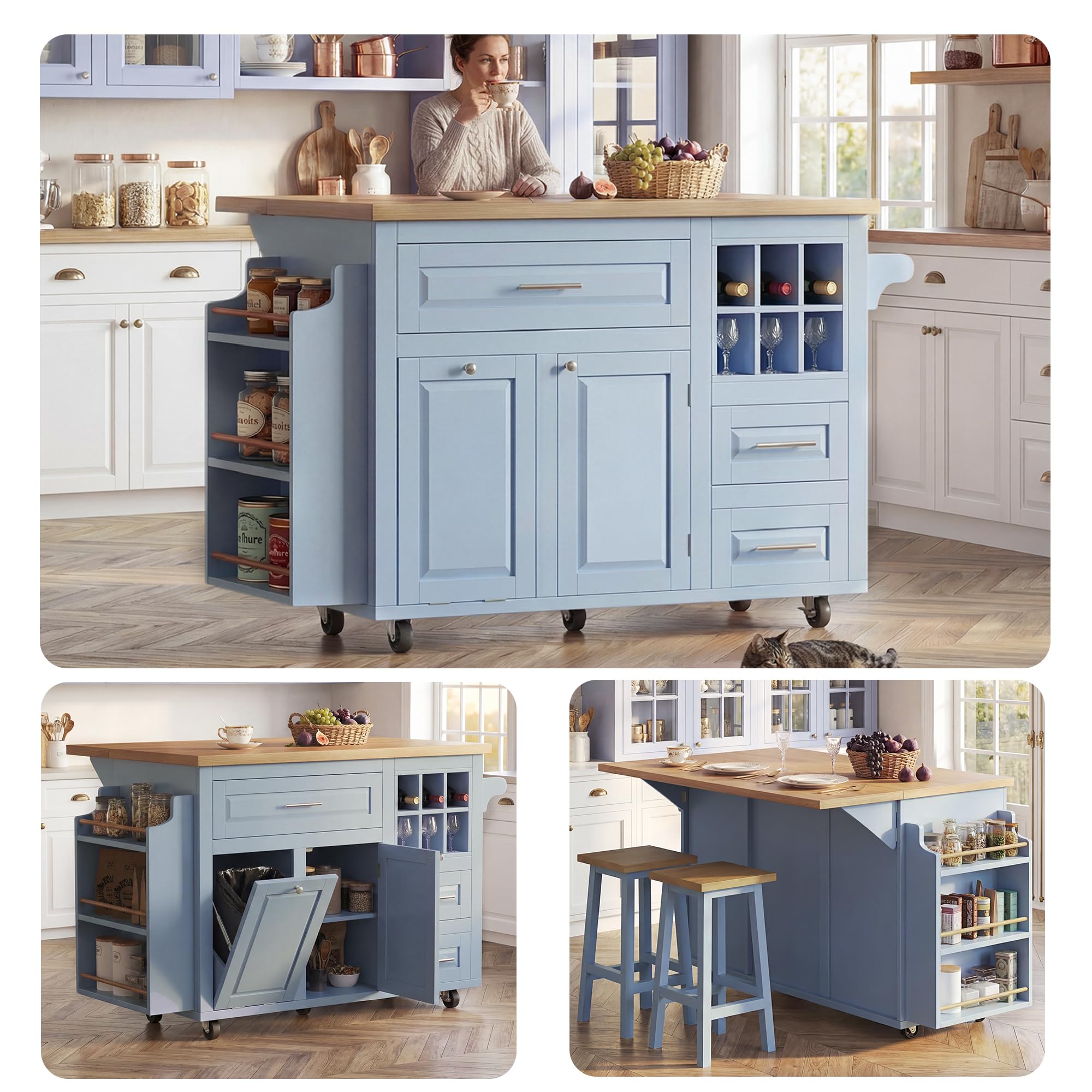 Isola da cucina mobile, carrello da cucina, tavolo da pranzo estensibile, armadietto da cucina con cassetti, cestino per vino rimovibile, scaffale laterale per snack, pattumiera, 143 x 75