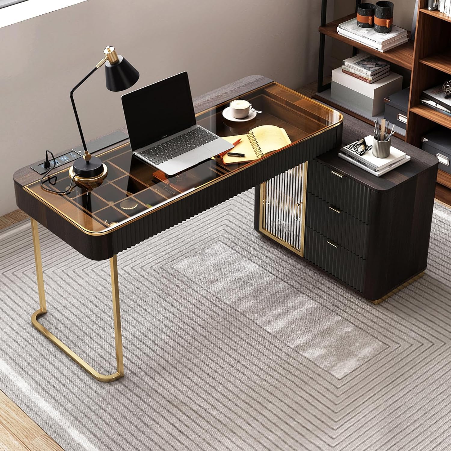 Lartis Scrivania da ufficio, molto facile da montare, scrivania per computer, scrivania telescopica per casa, moderna scrivania per computer con armadio retrattile luci LED integrate (nero marrone