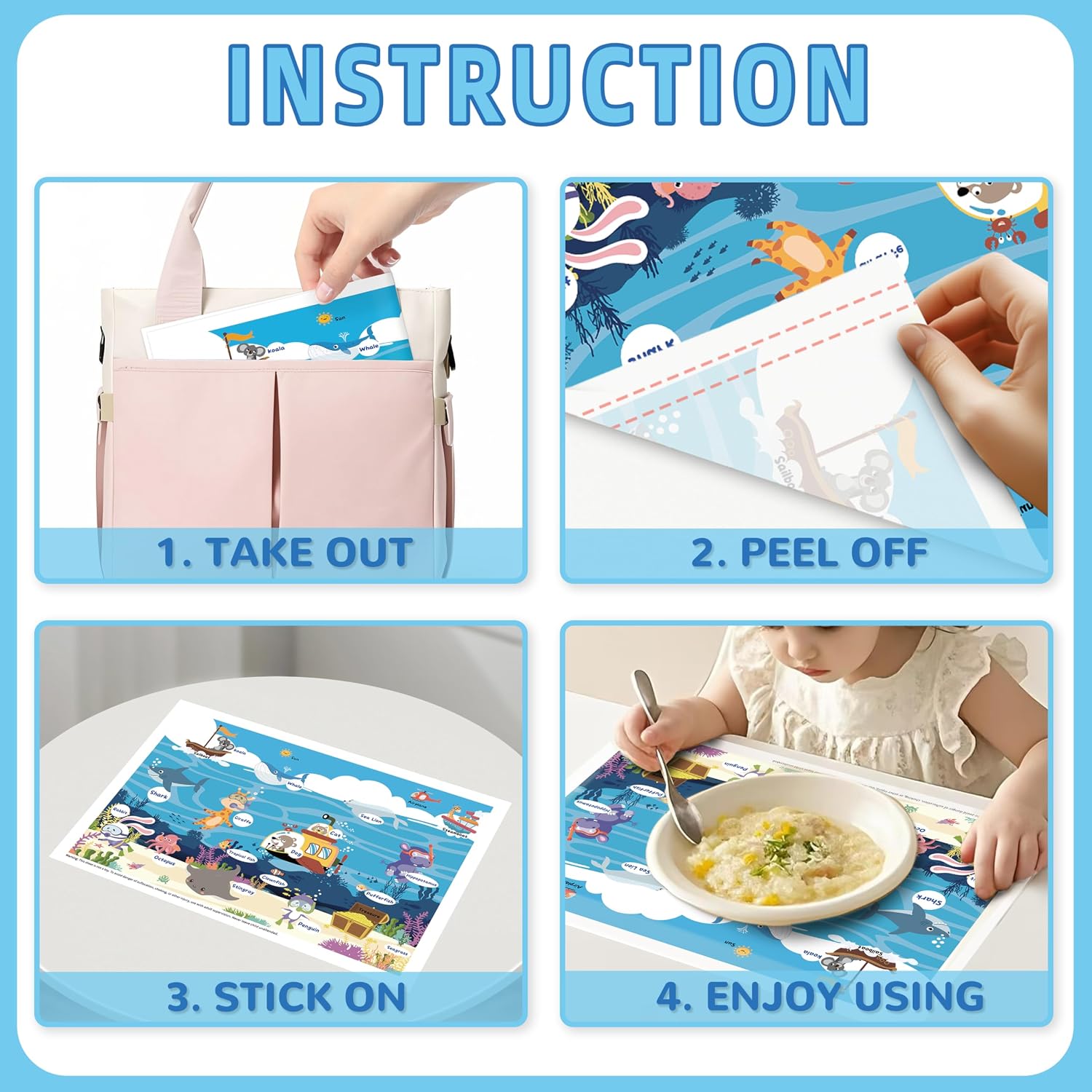 Disposable Placemats for Baby Toddlers, Sticky Plastic Blue Baby Placemats Table Mats for Restaurants, Preschool, Parties & Dining Table – Sea Animals Fun Designs, 60 Pack, 12x16 Inches