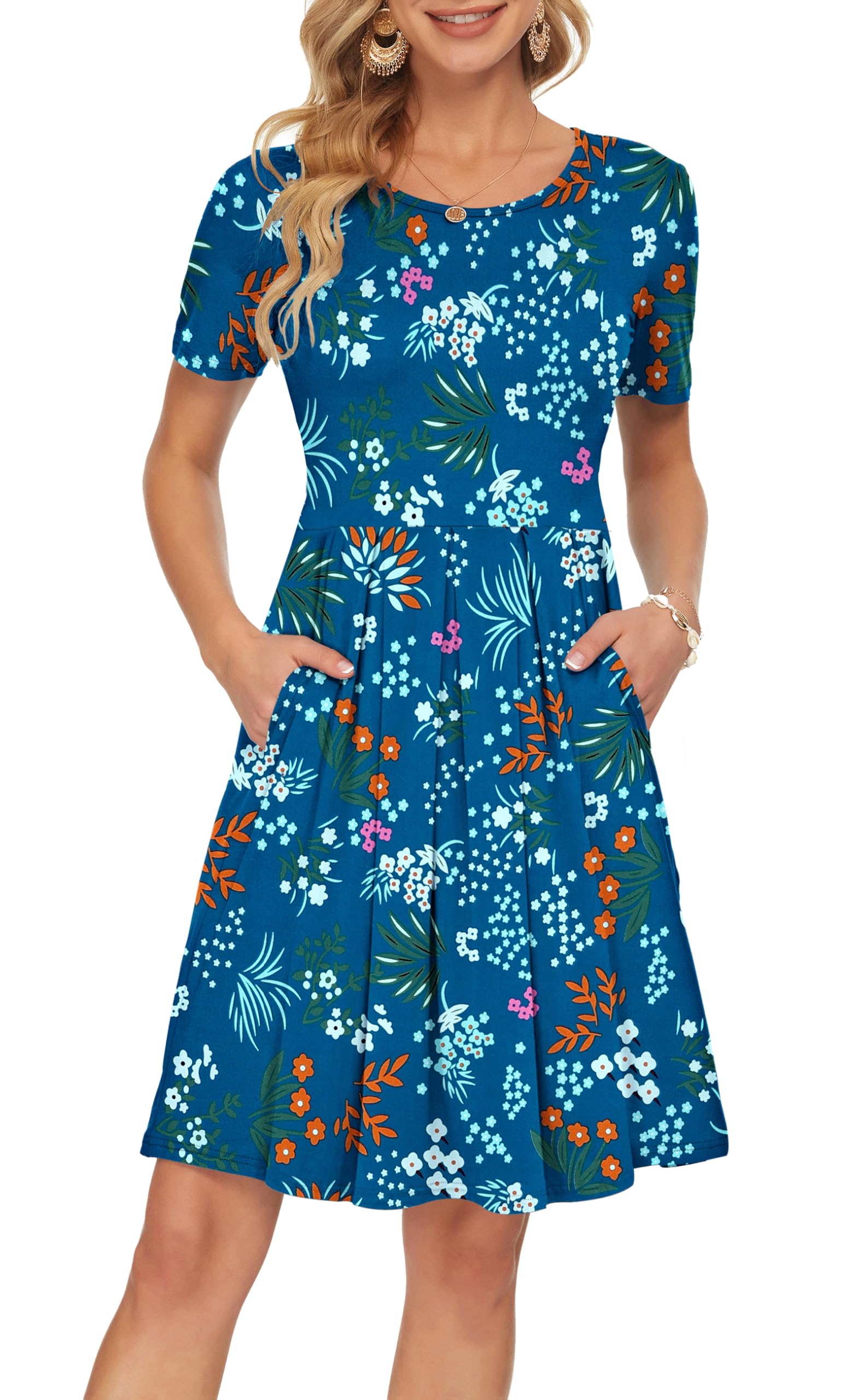 AUSELILY Women's Short Sleeve Pleated Swing Summer Dress with Pockets