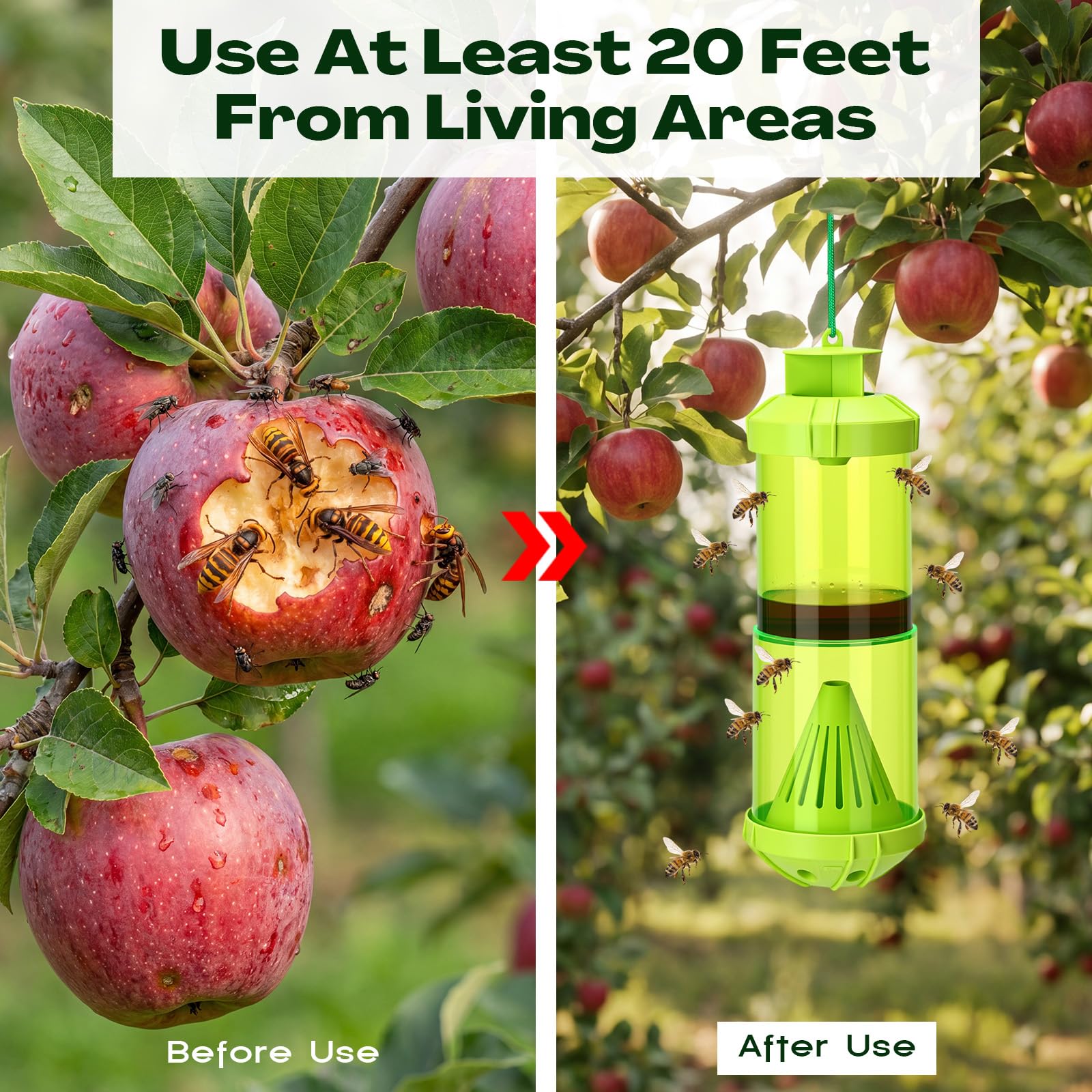 Lot de 4 pièges à guêpes d'extérieur Yellowjacket avec 8 recharges d'appâts naturels réutilisables à suspendre, piège à abeilles et frelons verts pour 24 semaines
