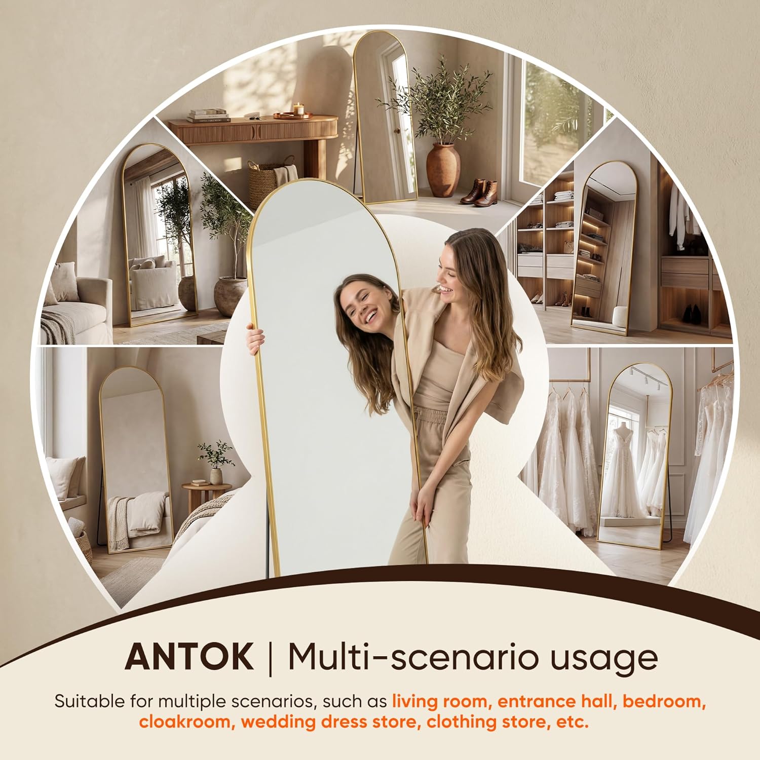 Antok Full Length Mirror, 76"x34" Floor Mirror, Arched Floor Standing Freestanding Arch Full Body Mirrors with Stand for Bedroom, Hanging Mounted for Living Room Cloakroom,Gold - Image 8