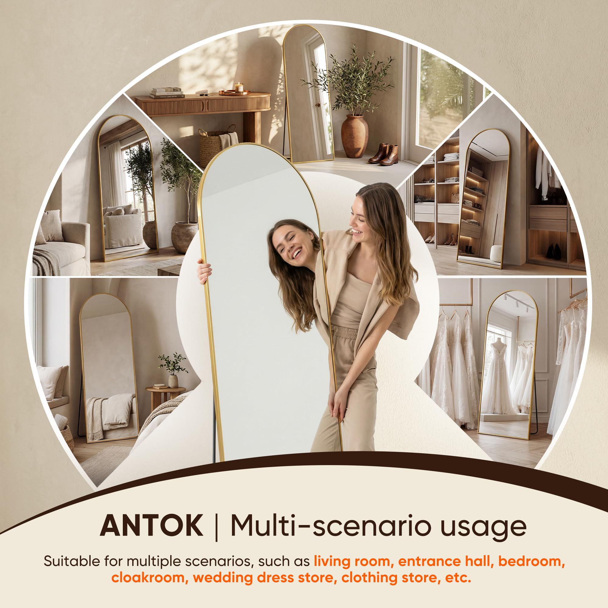 Antok Specchio a figura intera, 147,3 x 45,7 cm, specchio da pavimento autoportante, specchio a corpo intero con supporto per camera da letto, specchio da appendere per soggiorno guardaroba, oro