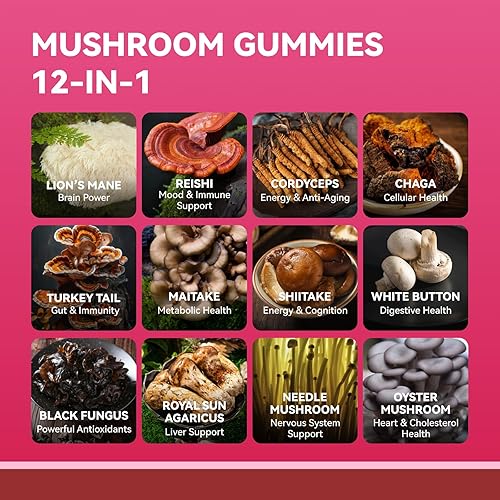 Miniatura 4 de Gomitas de hongos para adultos 12 en 1 Complejo de hongos de 3000 mg con melena de león, Reishi, Cordyceps Gomitas de enfoque para el cerebro, la