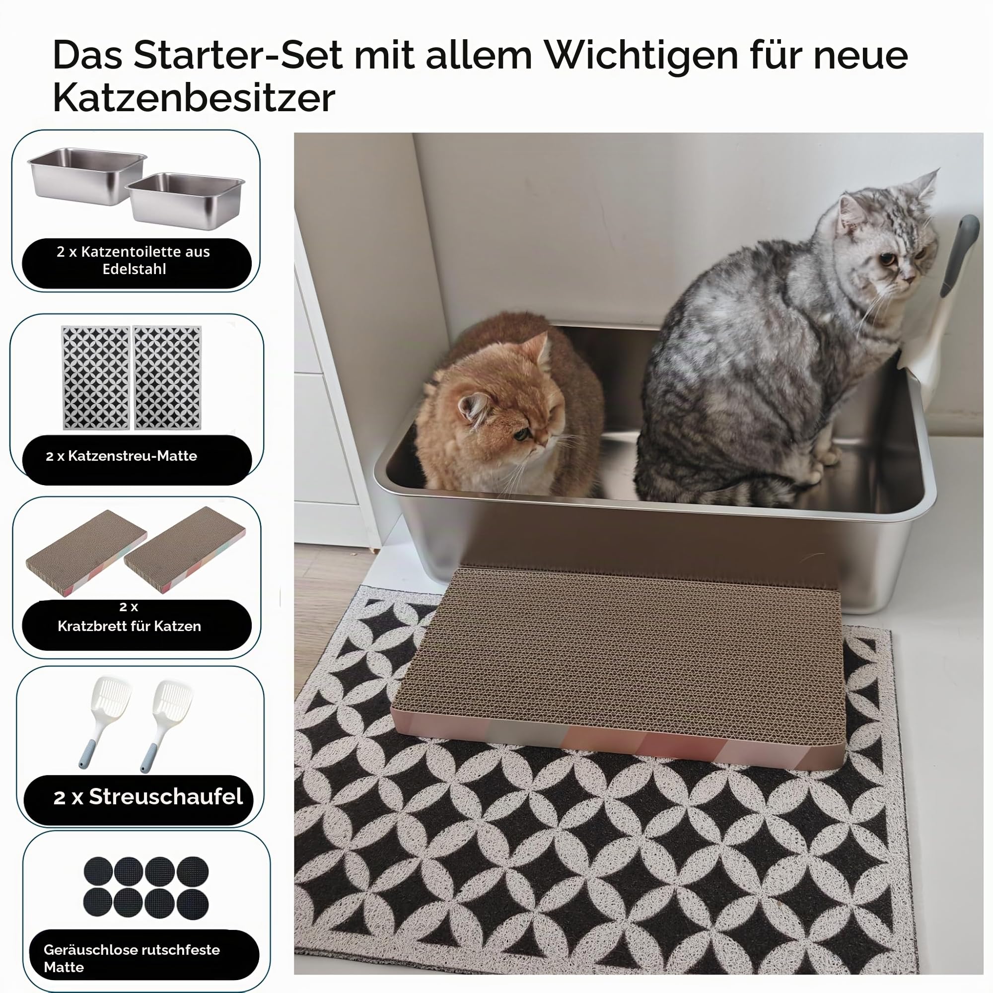 Edelstahl Katzentoilette 2er Set mit hohem Rand | geruchsneutral & leicht zu reinigen | rutschfeste Metallwanne für Katzen und Kleintiere, 50cm×35cm×15cm