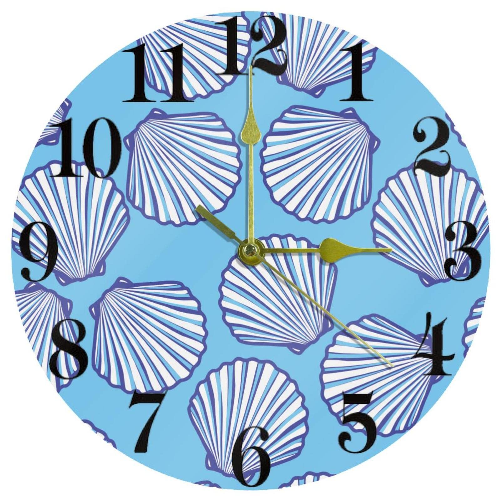 Horloge murale à quartz silencieuse ronde motif coquillage bleu 25,4 cm
