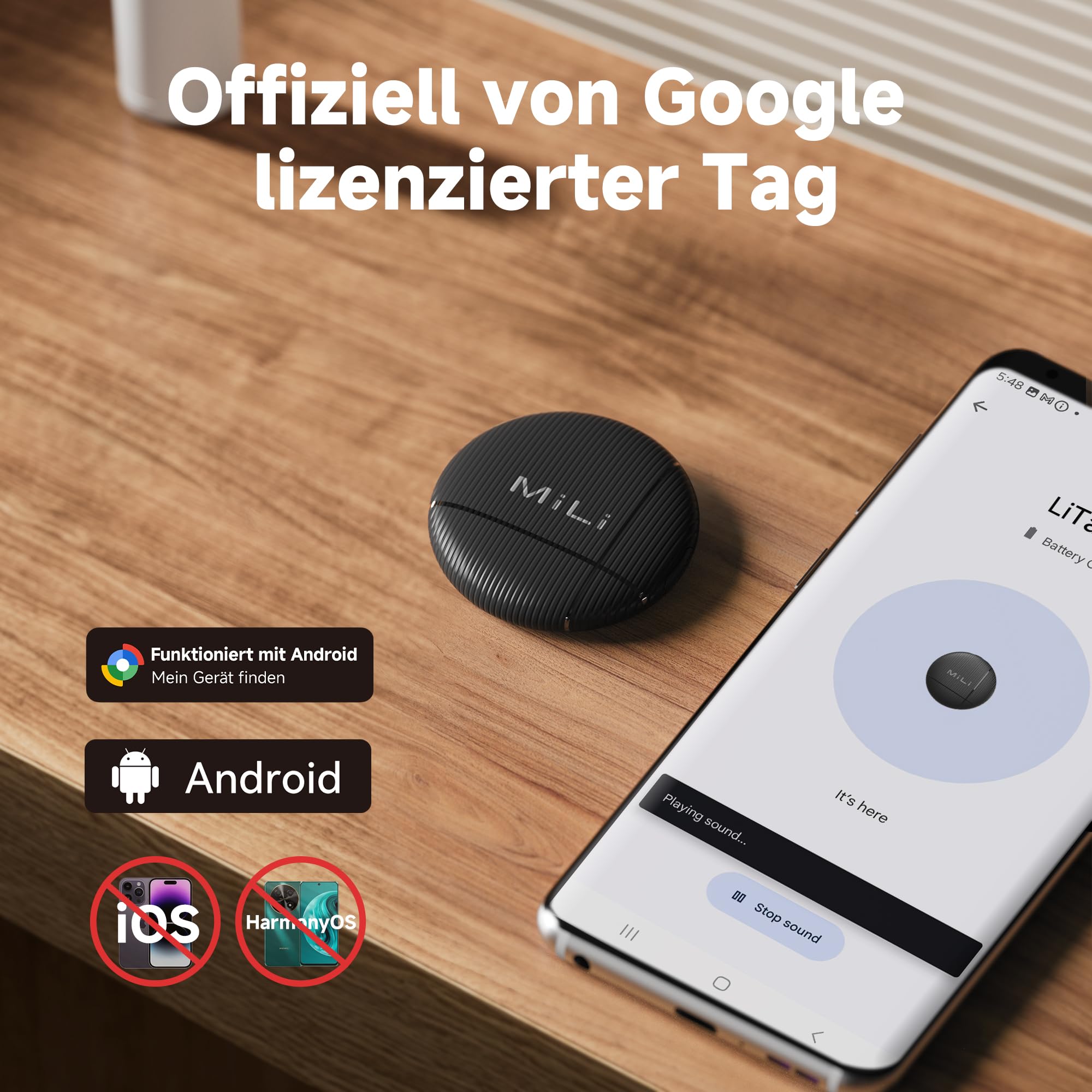 MiLi LiTag Android Smart Tracker, portachiavi localizzatore compatibile con l’app “Find Hub di Google” (solo Android), tracker Bluetooth per valigia/borsa/portafoglio/chiavi (Nero-1 confezione)