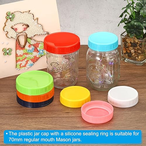 Miniatura 5 de PATIKIL Tapas de plástico de boca regular para tarros de 2.77 pulgadas, 1 juego6 tapas para tarros de conservas con anillo de sellado de silicona