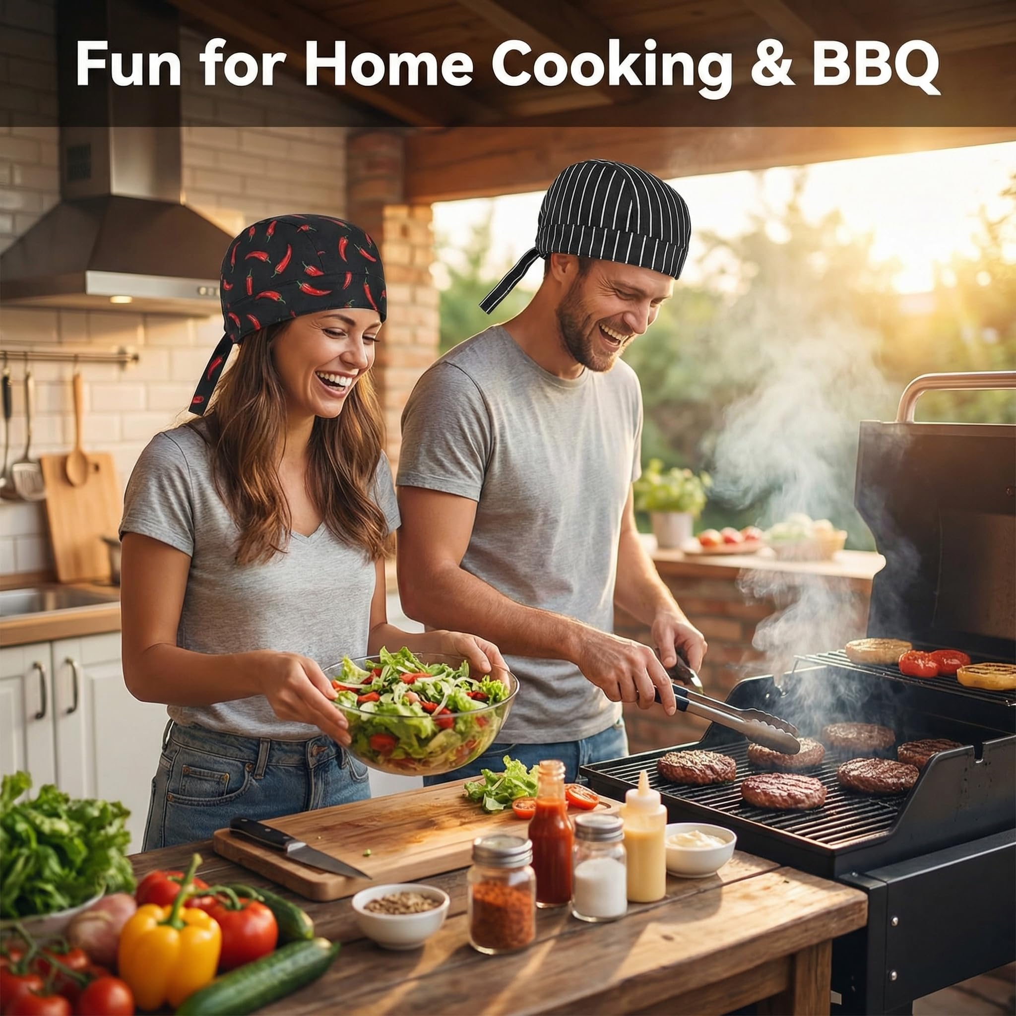 5 Piezas Gorros de Cocina Ajustables, Bandana Chef Unisex para Hombre y Mujer, Gorro Cocinero Profesional Estilo Japonés (Negro, Rayas, Chile, Cubiertos, Cuadros) para Restaurante Hostelerí