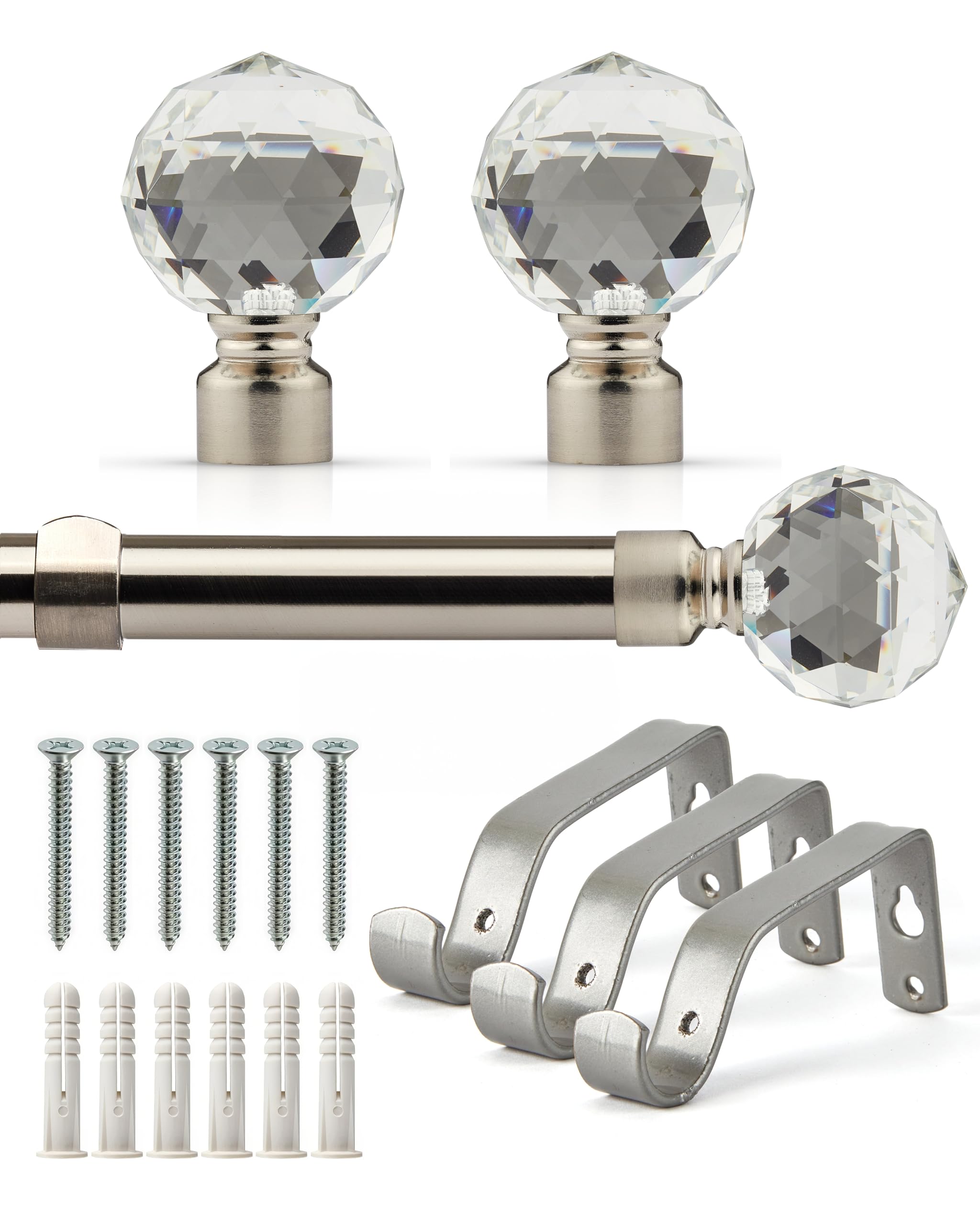 Emma Barclay, Crystal - Extendable Curtain Pole with pair of end finials in Brushed Silver - 1.6-3m