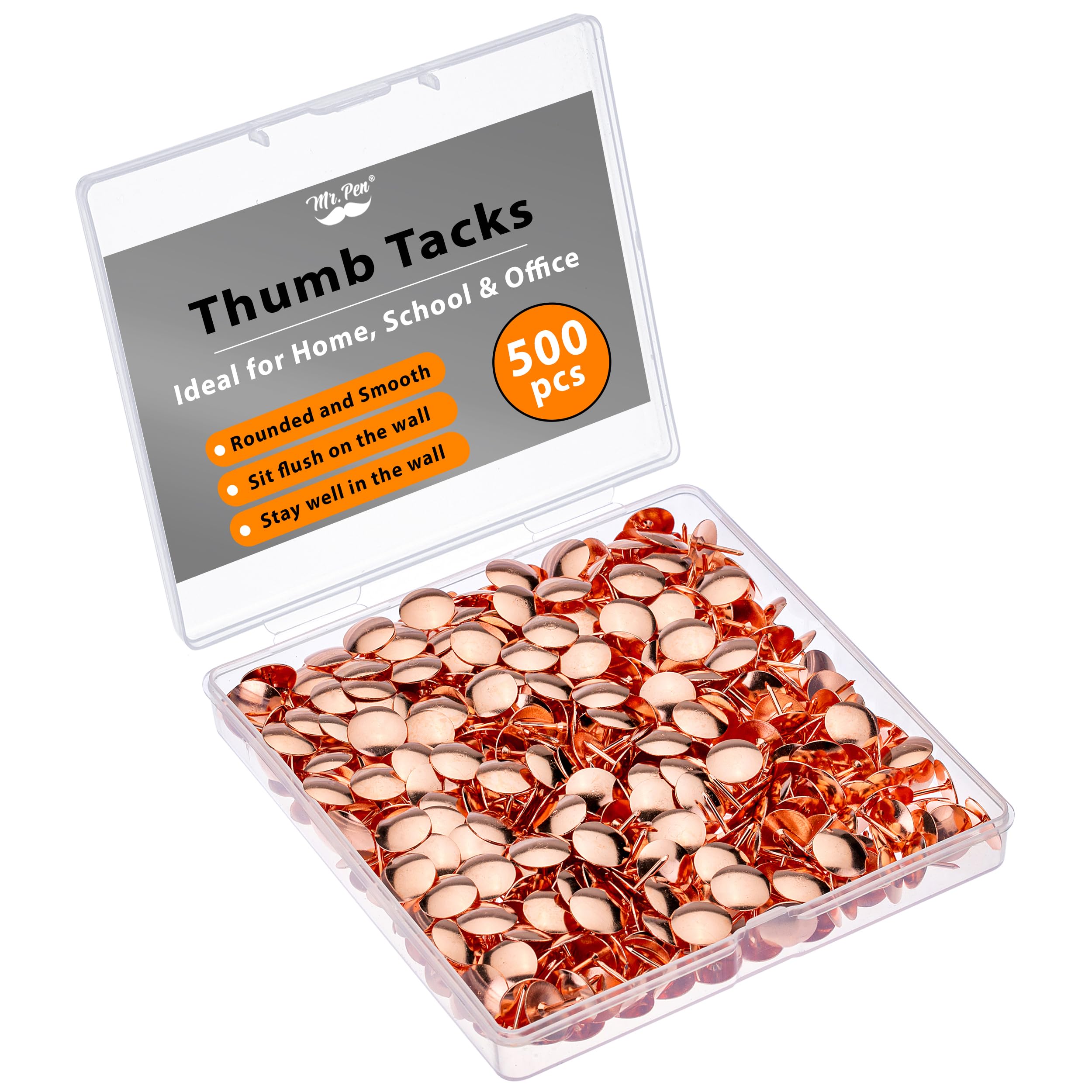 Mr. Pen Rose Gold Thumb Tacks - 500 Pack, Flat Push Pins For Bulletin Board