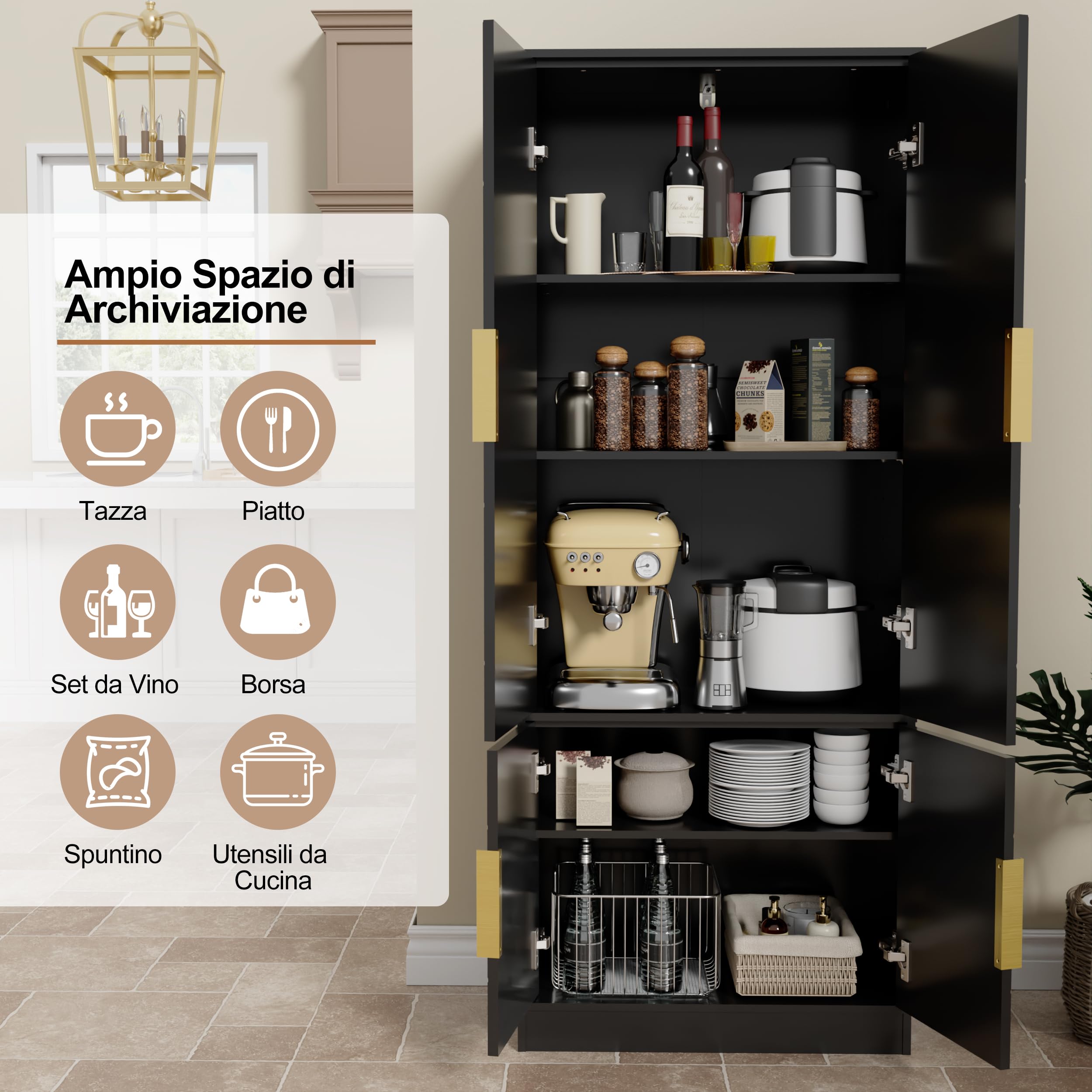 UEV Credenza Cucina Alta 150CM Design Diamante, Armadietto Highboard con 4 Ante, Grande Spazio di Archiviazione, Armadio Buffet Cucina Sicuro con Design Antiribaltamente, 60 x 30 x 150 cm, Nero
