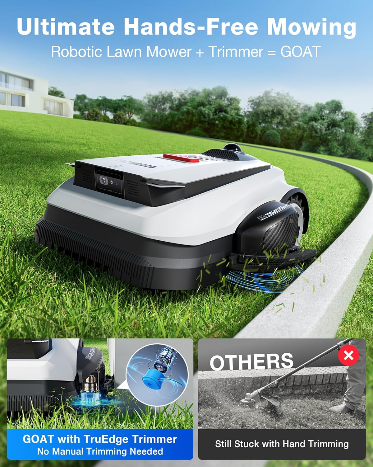 ECOVACS GOAT A2000 LiDAR PRO avoiding obstacles on a lawn