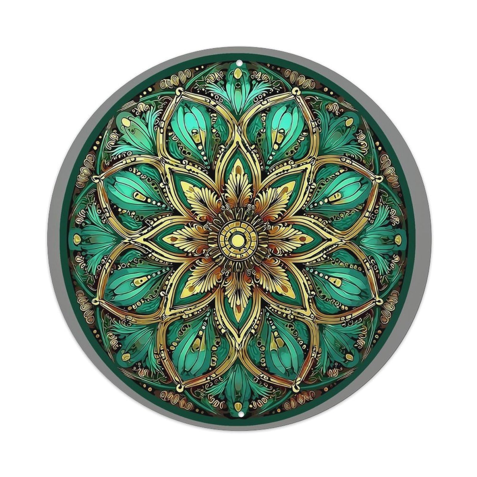 Ornate Green Gold Floral Mandala Vintage Metal Tin Sign Retro Wall Decor for Home Bar Garage Cafe, Indoor & Outdoor Decorative，circle Metal Poster, 8x8 Inch