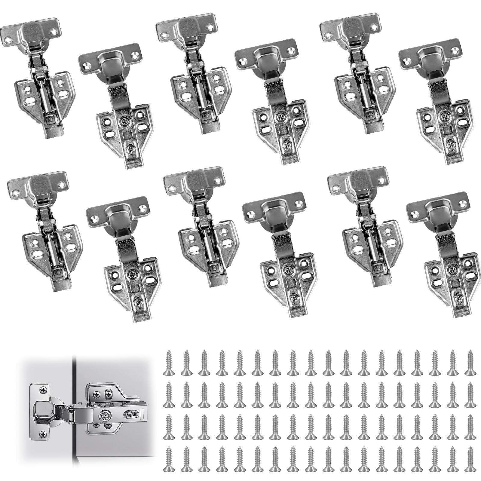 12pcs Detachable Soft Close Cupboard Hinges, Full Overlay Cabinet Door Hinges with Fitting Screws, for Kitchen, Wardrobe, Bathroom & Bedroom — image 1
