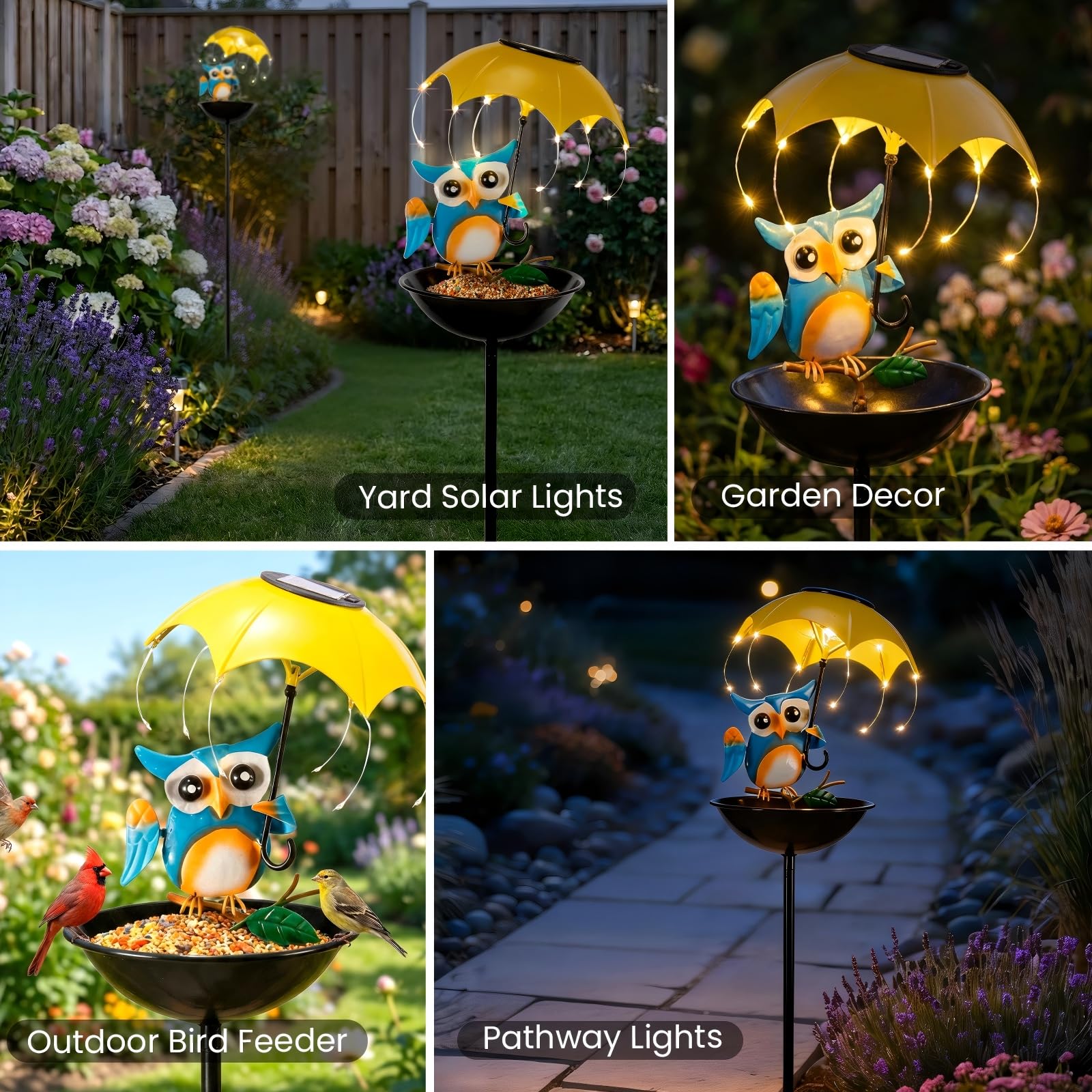 Solar-Vogelfutterspender für den Außenbereich, Eulen-Gartendekoration mit LED-Lichtern, dekorative Wildvogel-Kardinäle, Kolibri-Futterspender, Frühlingsbereiter Hofweg, Rasen-Omamente, Gartengeschenke