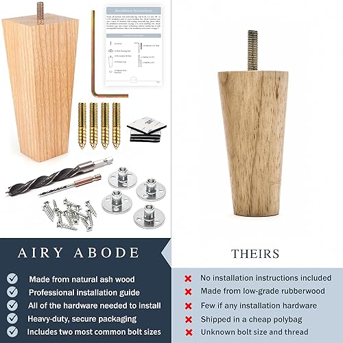 Miniatura 3 de Airy Abode Patas cuadradas de madera de fresno prémium para muebles (kit de instalación completa), elige tu tamaño y color