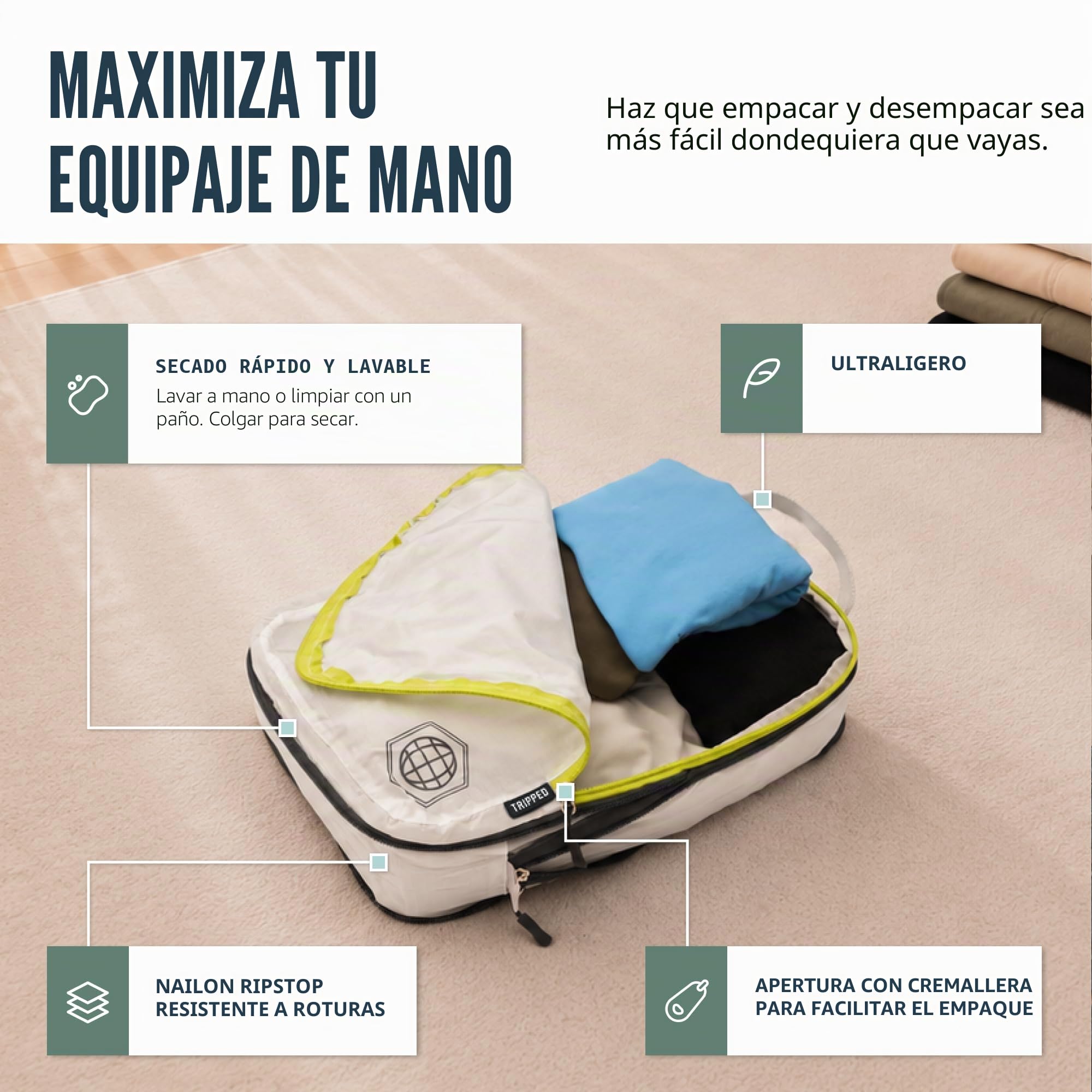 TRIPPED Travel Gear Compresión embalaje cubos 6 Piece Set Carryon equipaje resistente ligero viajes organizador bolsas con cremallera doble (blanco y verde)