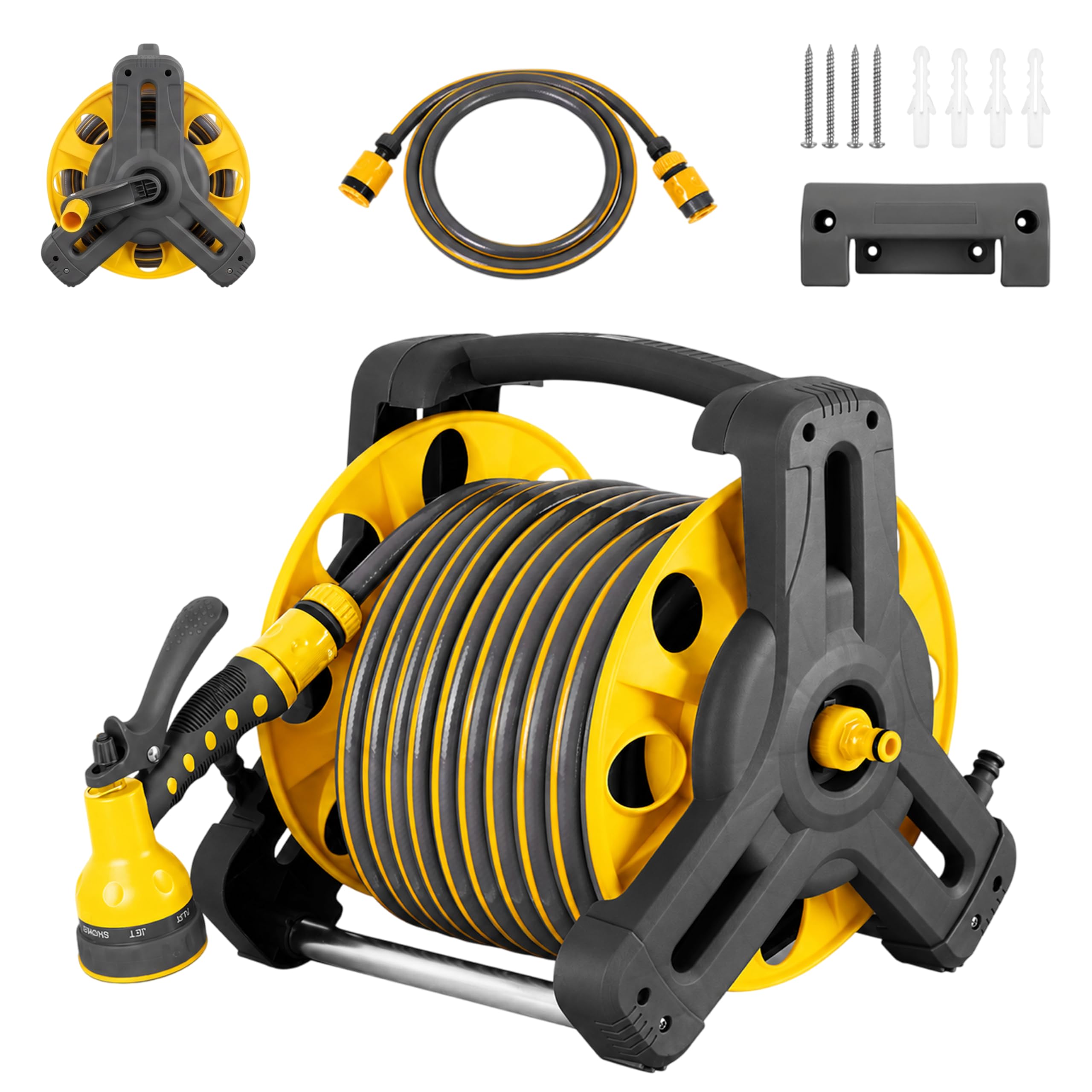 Garden Hose Reel 25m, 2 in 1 Portable & Wall Mounted Garden Hose Pipe Reel with Hose, Manual Water Hose Reel with 6-Pattern Spray Nozzle for Garden Watering, Lawn, Patio & Car Washing