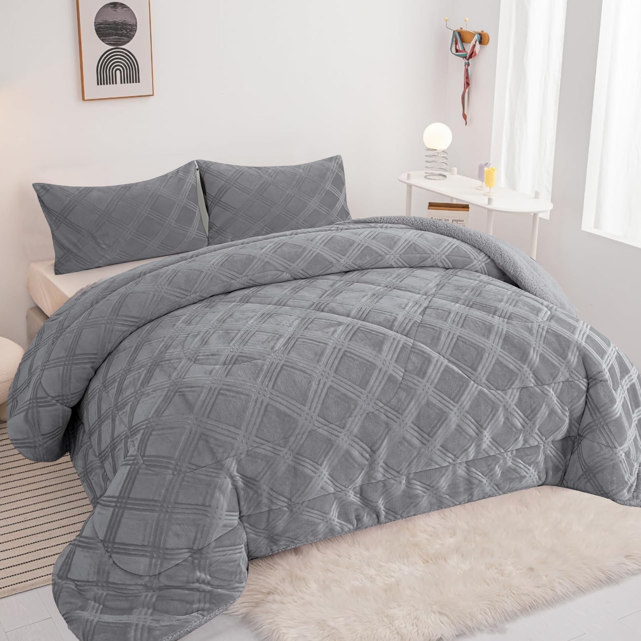 BESCH - Edredón Invierno Borreguillo Nórdico 180x240cm para Cama 90/105 con 1 Funda Almohada - Edredón Borrego Sherpa Extra Suave, Cálido, Gruesa - Cuadro Gris