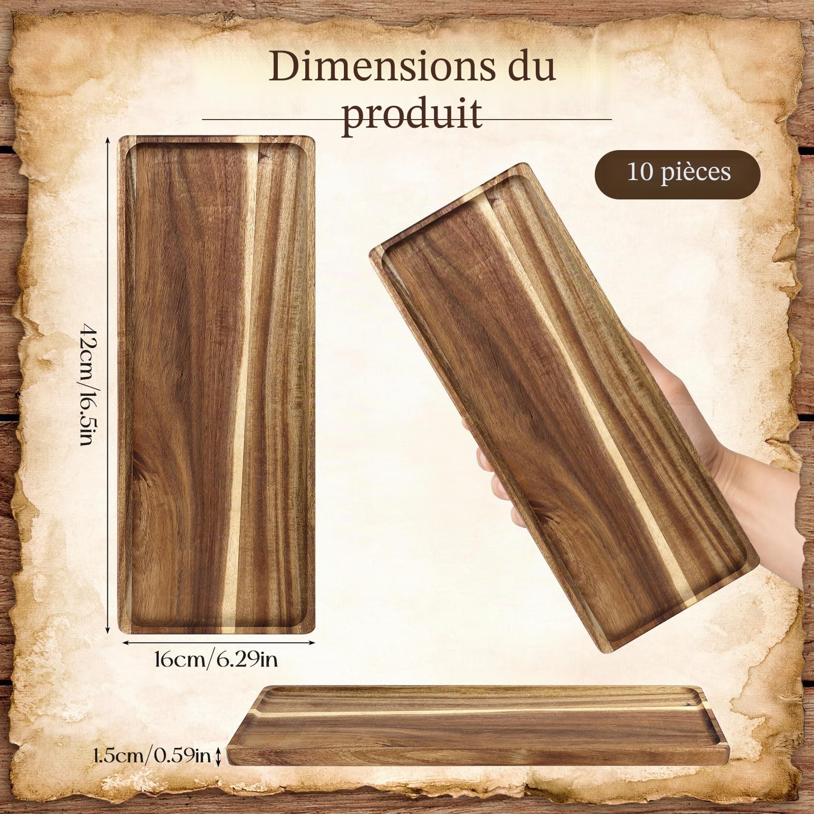 Lot de 10 plateaux de service en bois massif 42 × 16 cm, planches rectangulaires en acacia avec poignée rainurée pour la maison, le café, le fromage, les apéritifs et la déco rustique
