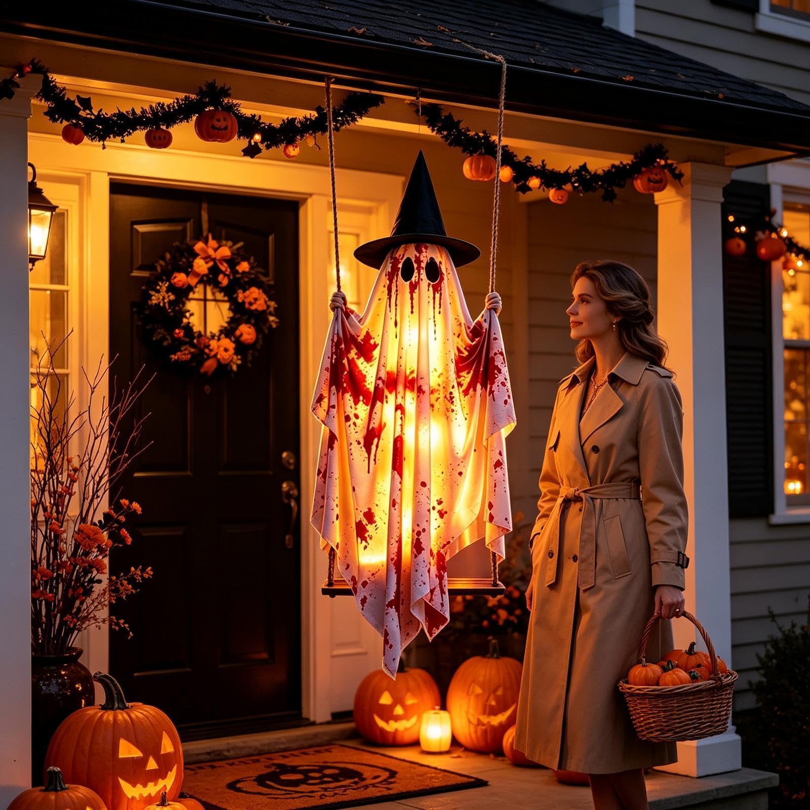 Generico Fantasma Halloween da Esterno Decorazione Luminosa Portico E Prato | Ornamento Fantasma Dondolante Appendibile per Giardino Portico Cortile Patio Ramo d'Albero Grondaia Festa Casa Appartamento
