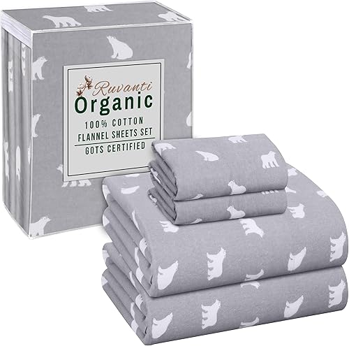 RUVANTI Sábanas de franela tamaño matrimonial  Certificado GOTS 100% algodón orgánico, juego de 4 piezas cálidas, suaves y transpirables, bolsillo