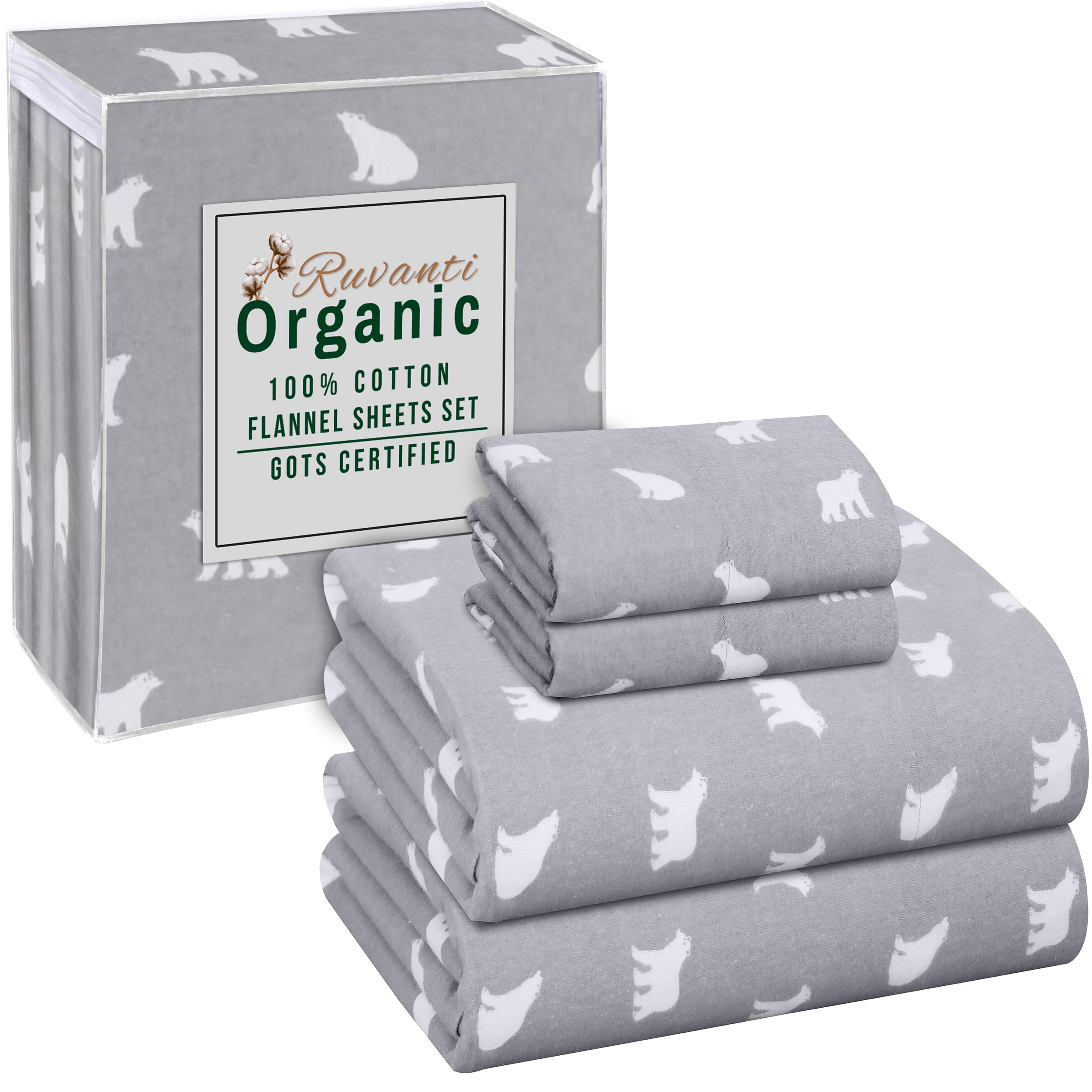 RUVANTI Flannel Sheets Full Size - GOTS Certified 100% Organic Cotton, 4 Piece Warm, Soft & Breathable Set, Deep Pocket Snug Fit, Double Brushed Cozy