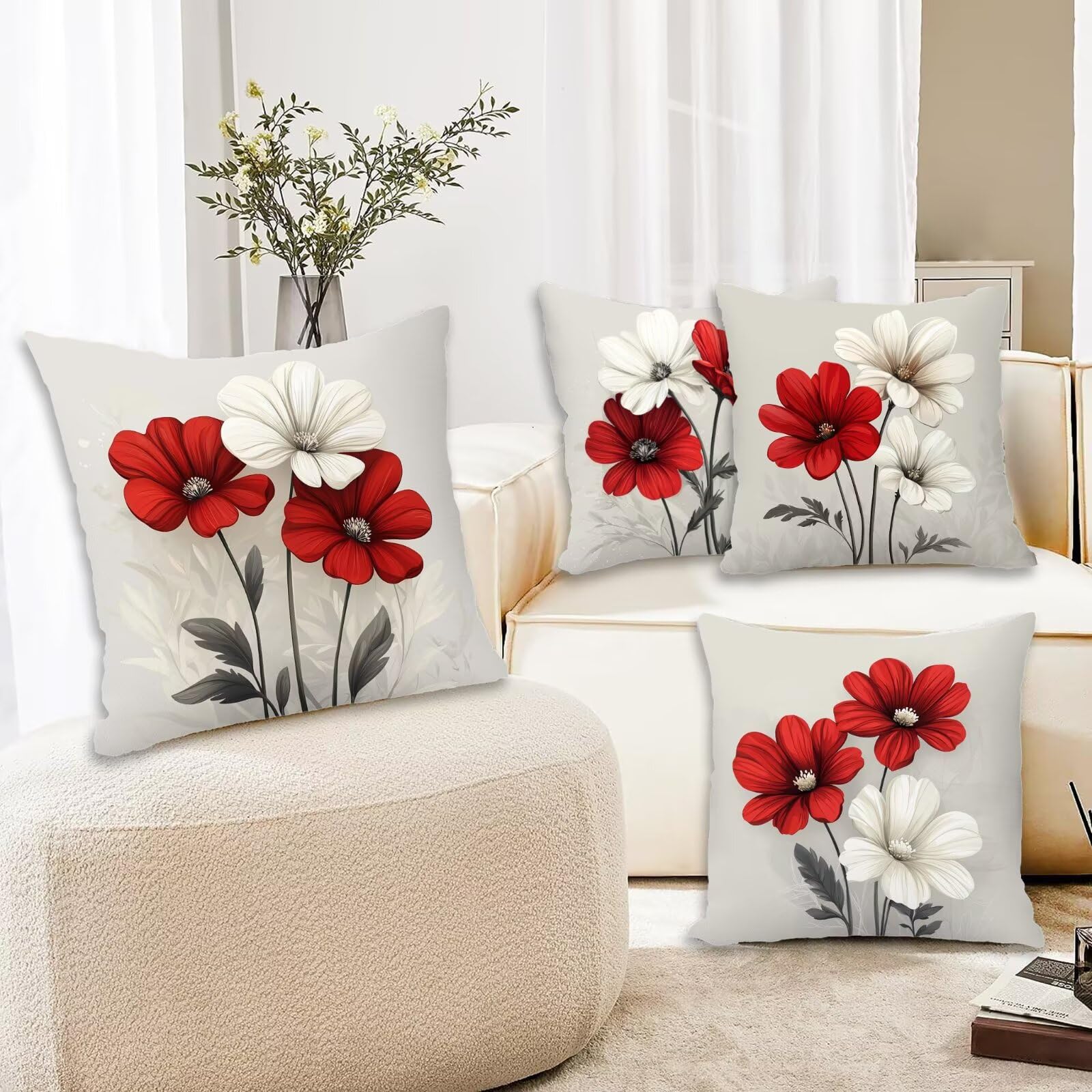 Kissenbezug 55x55 Grau 4er Set Samt Kissenbezüge Blume Zierkissenbezug Kissenhülle Dekorative Weiche Quadratische Dekokissenbezug Sofakissenbezug Couchkissen für Deko Schlafzimmer Wohnzimmer E-14