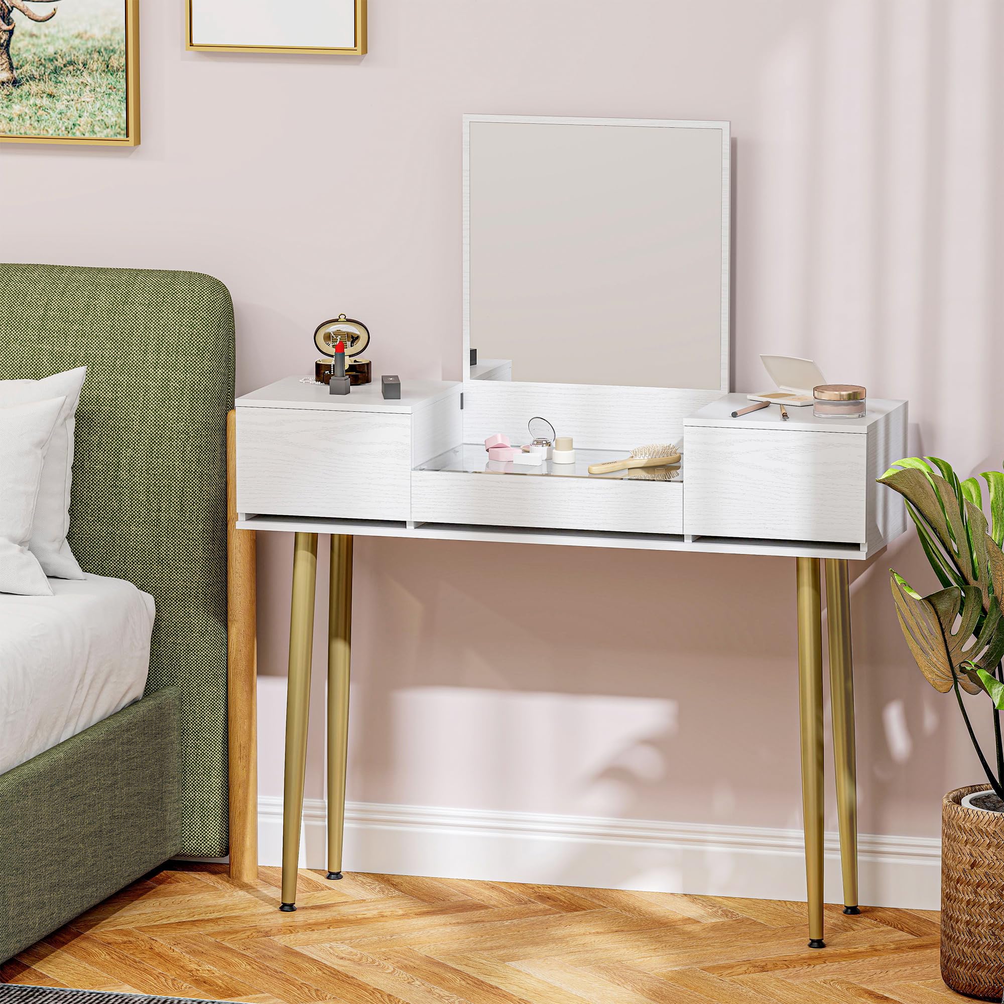 HOMCOM Tocador de Maquillaje con Espejo Tocador con Encimera de Vidrio Templado Visible 3 Cajones Mesa de Maquillaje Moderna para Dormitorio Blanco