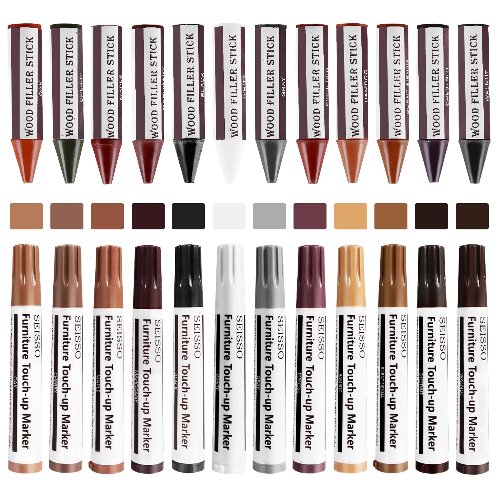 SEISSOFurniture Repair Kit, 12 Colors Furniture Touch-up Markers and Wood Fillers Sticks for Stains, Scratches, New Upgrade Furniture Touch Up Kit - Restore Wooden Table, Cabinet, Floors, Door