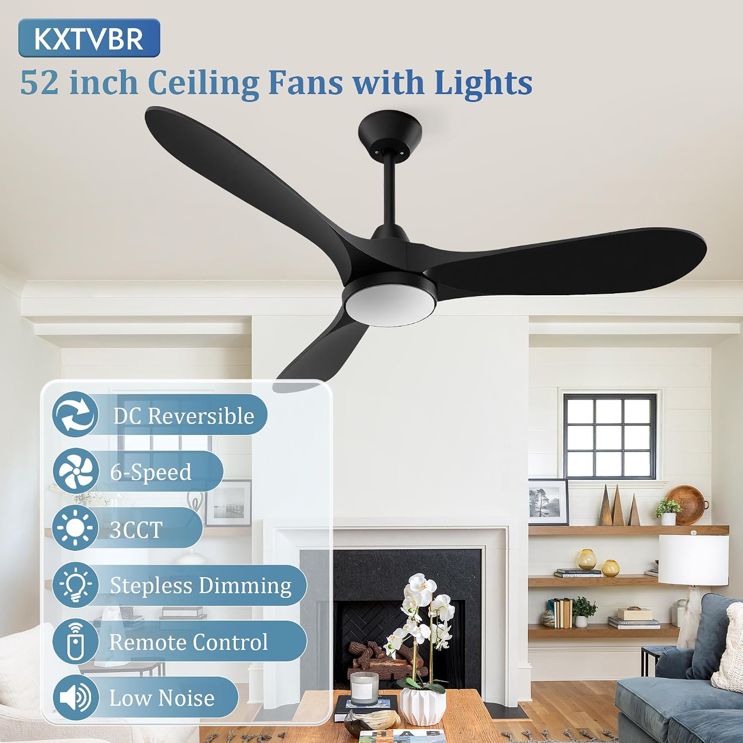 52 inch Ceiling Fans with Lights, 6 Speeds Noiseless DC Reversible Ceiling Fans with Lights & Remote, 1/2/4H Timer, 3CCT Dimmable Modern Ceiling Fans for Living Room, Bedroom (Black)