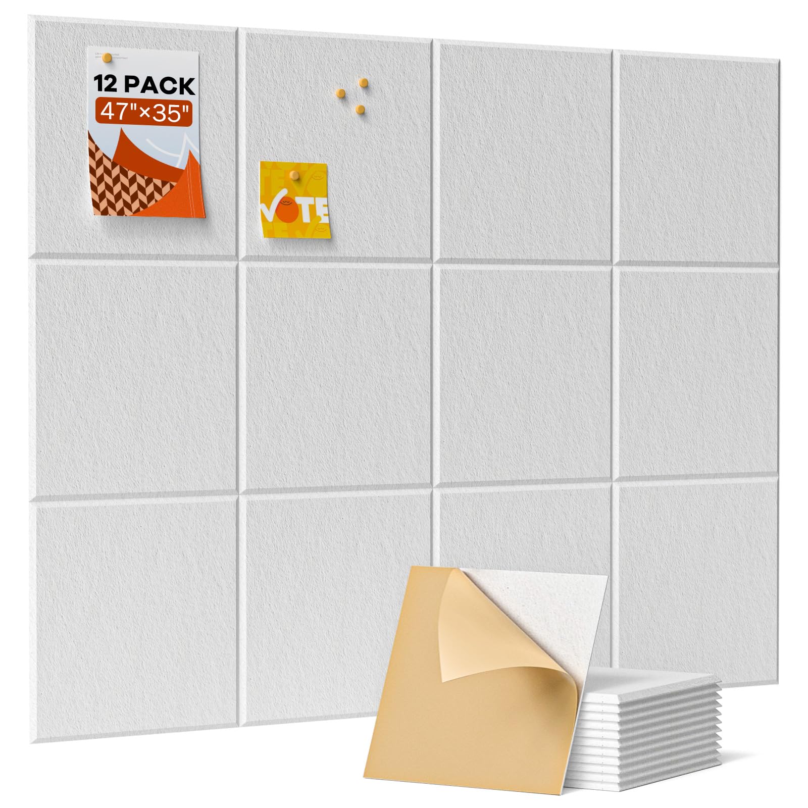 Soundsbay Large Cork Board, 120x90cm Felt Wall Tiles Self-Adhesive, 12 Pack Bulletin Board, Pin Board for Walls Office Home Classroom Decor