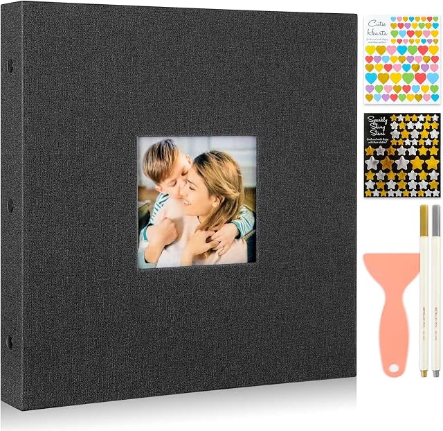 Benjia Photo Album Self Adhesive Scrapbook, Linen Photos Albums Sticky Magnetic Pages Holds Different Sizes 6x4 7x5 A5 Pictures (20 Small Sheets / 40 Pages, Black)